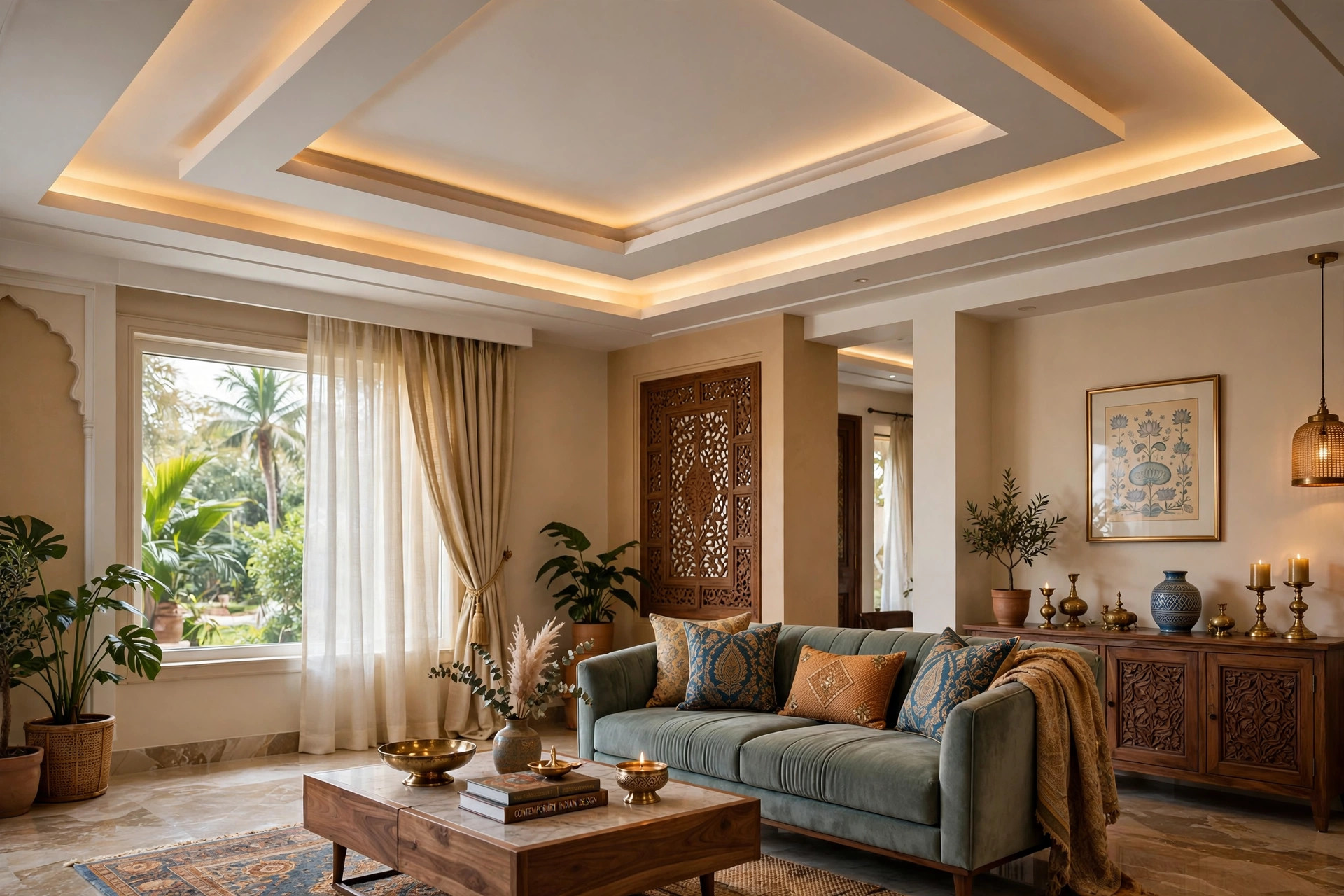 Hall with a gypsum tray false ceiling and warm cove lighting