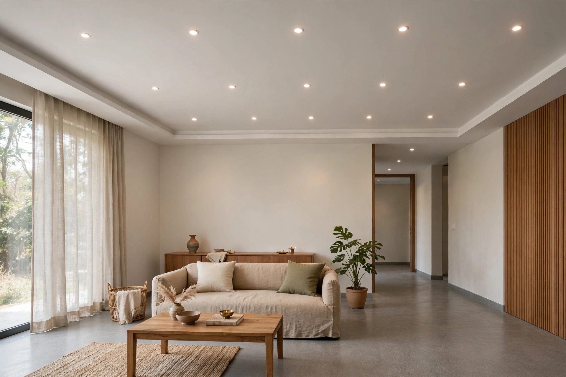 Hall with a flat single-level gypsum false ceiling