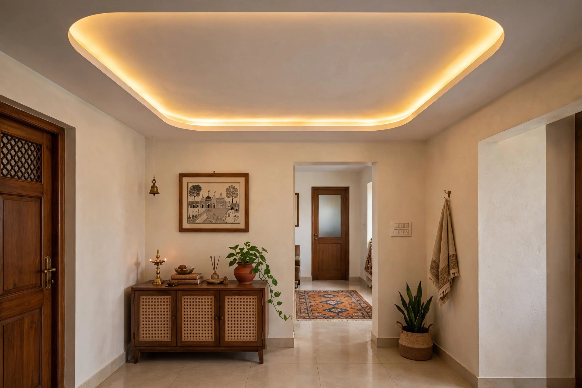 Hall with a single cove gypsum ceiling and hidden LED strip