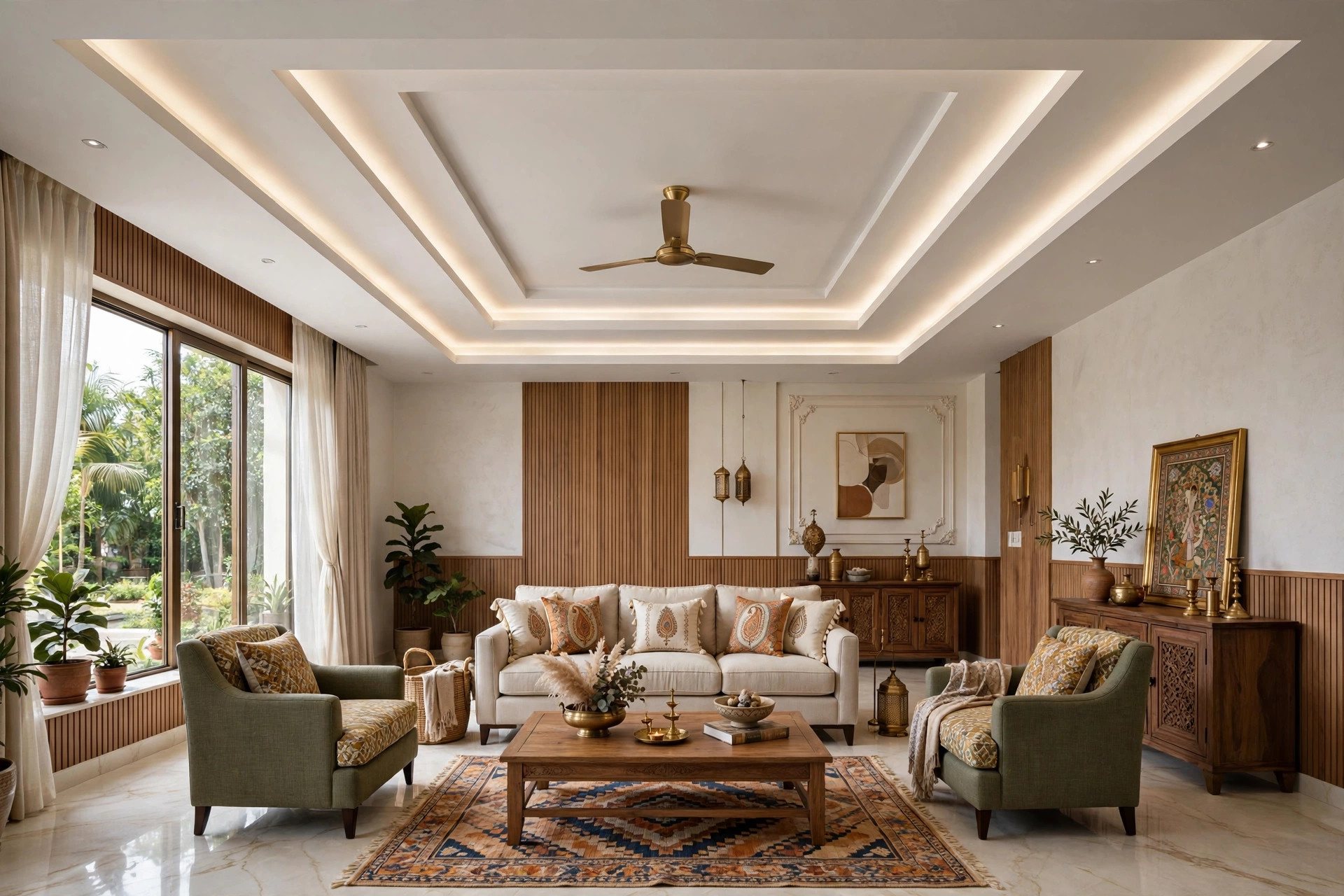 Hall with a tray plus-minus gypsum false ceiling