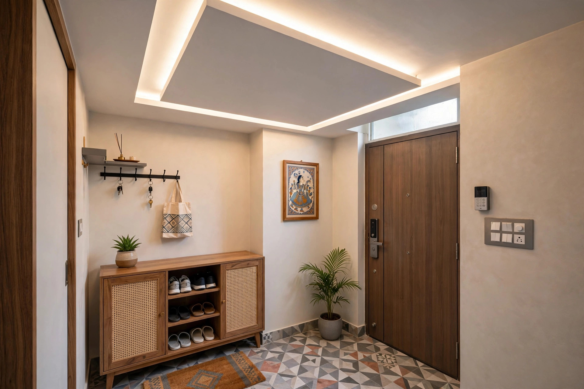 Hall with a floating island gypsum ceiling panel and LED glow