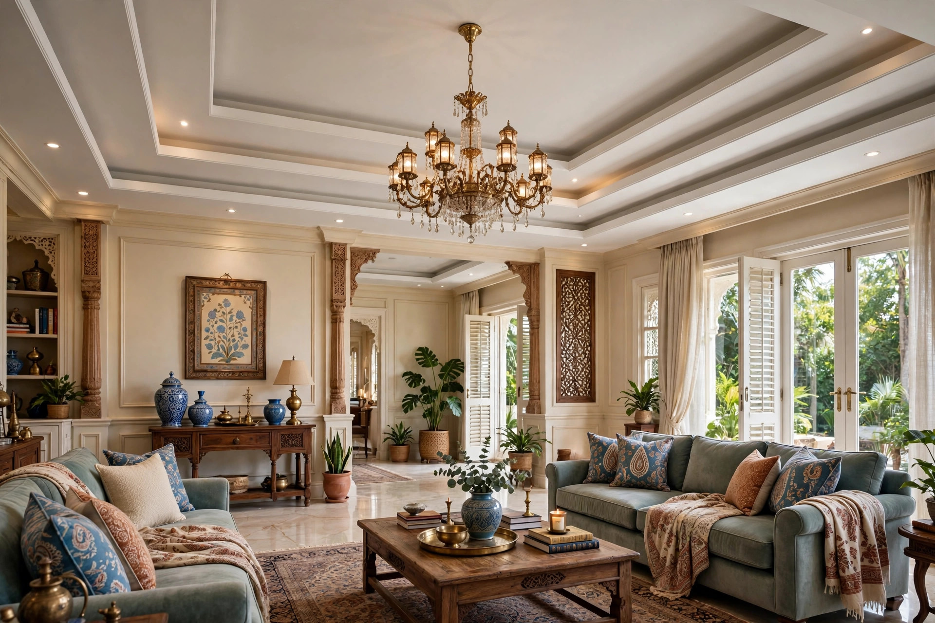 Large hall with a multi-layered stepped gypsum ceiling and chandelier