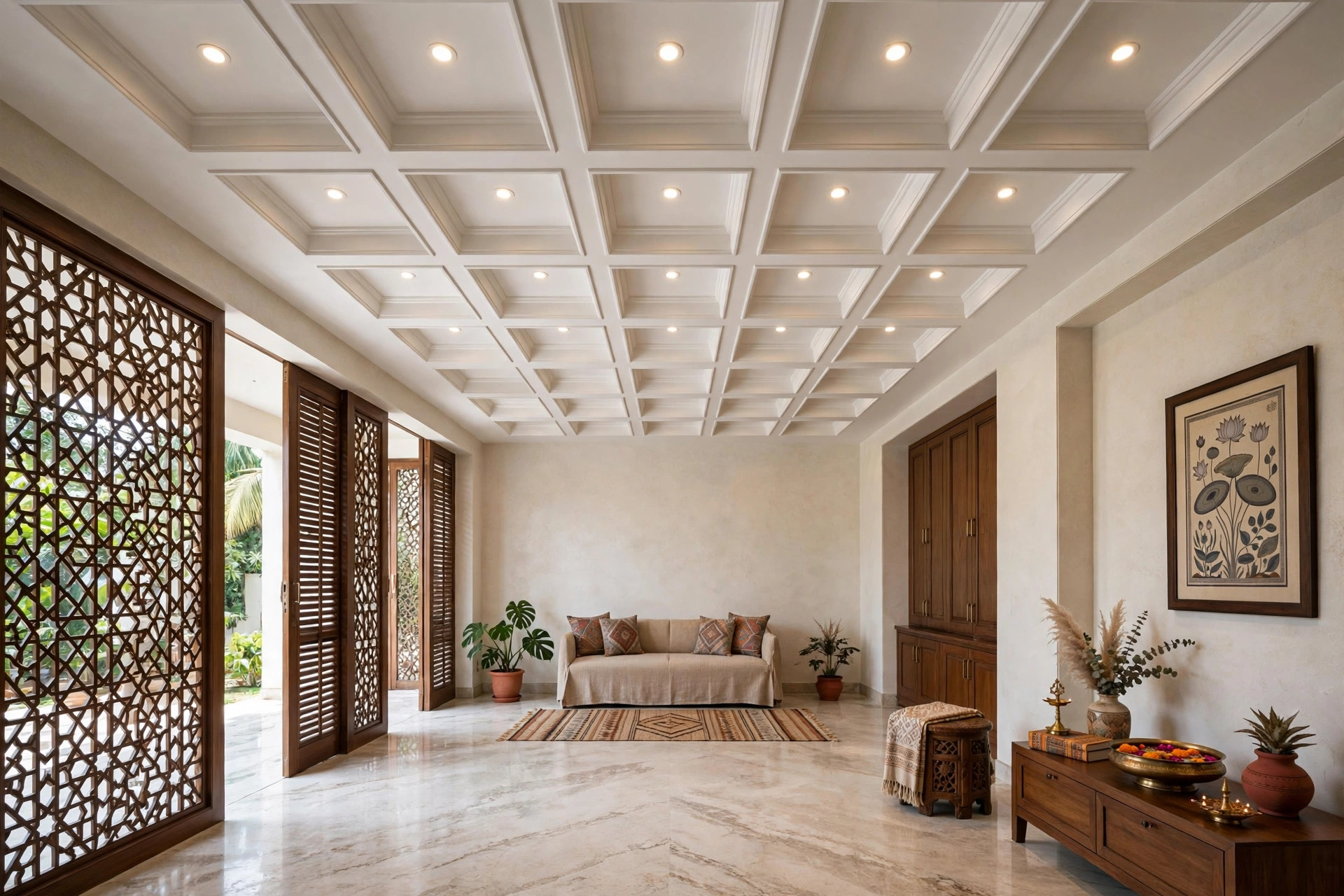 Hall with a geometric coffered gypsum ceiling