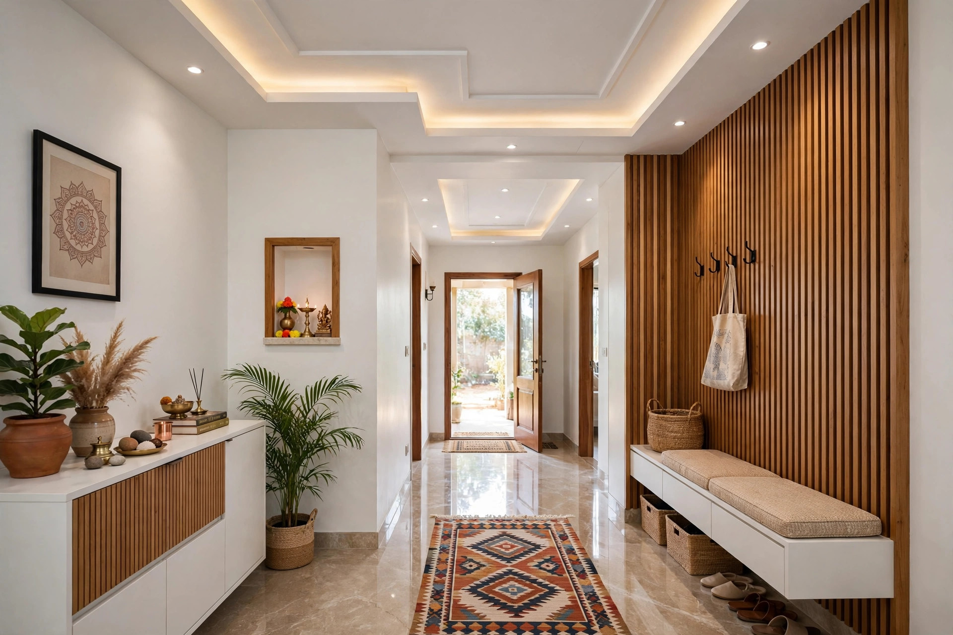 Hall with gypsum ceiling and wooden accent panels