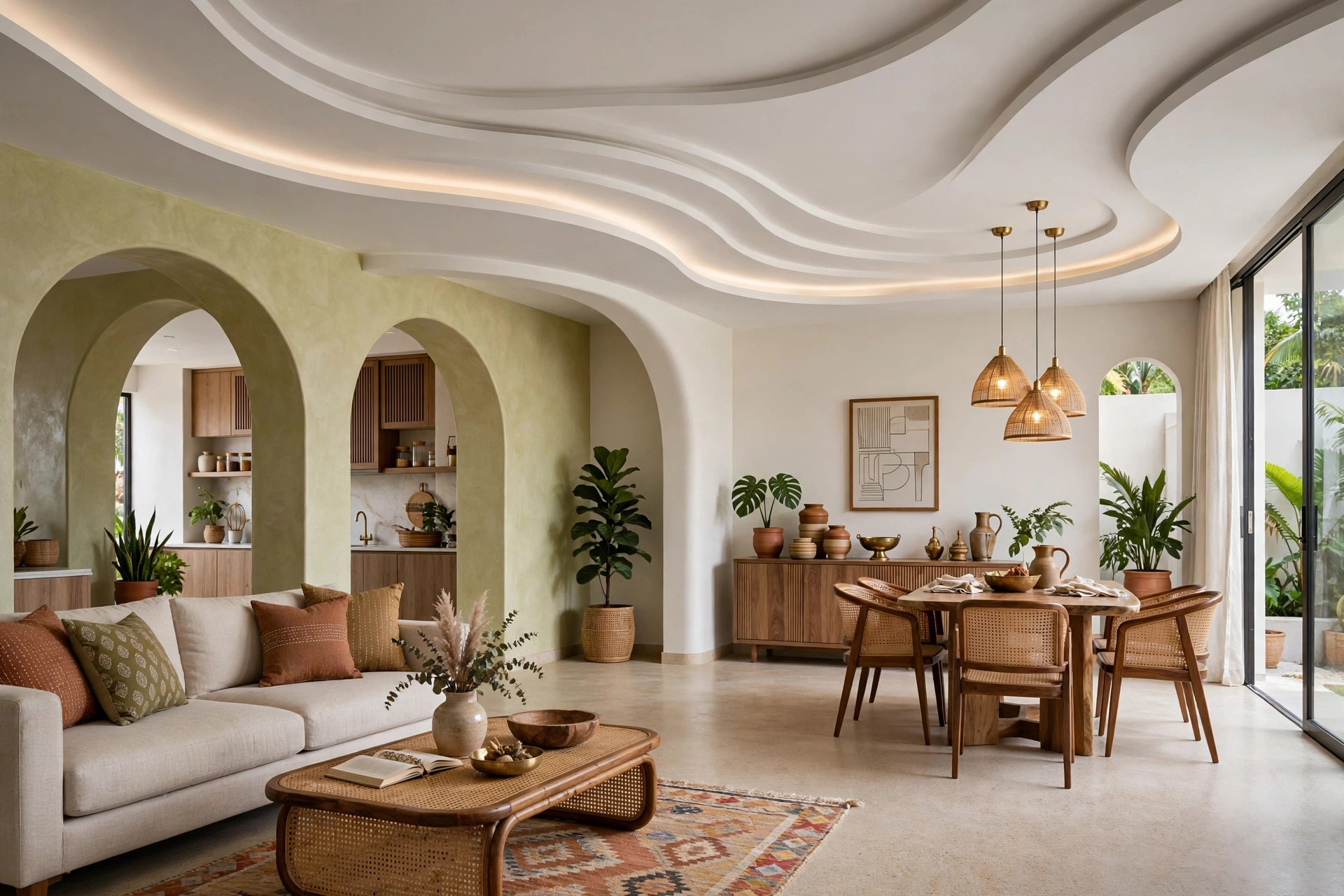 Hall with a curved wave gypsum false ceiling