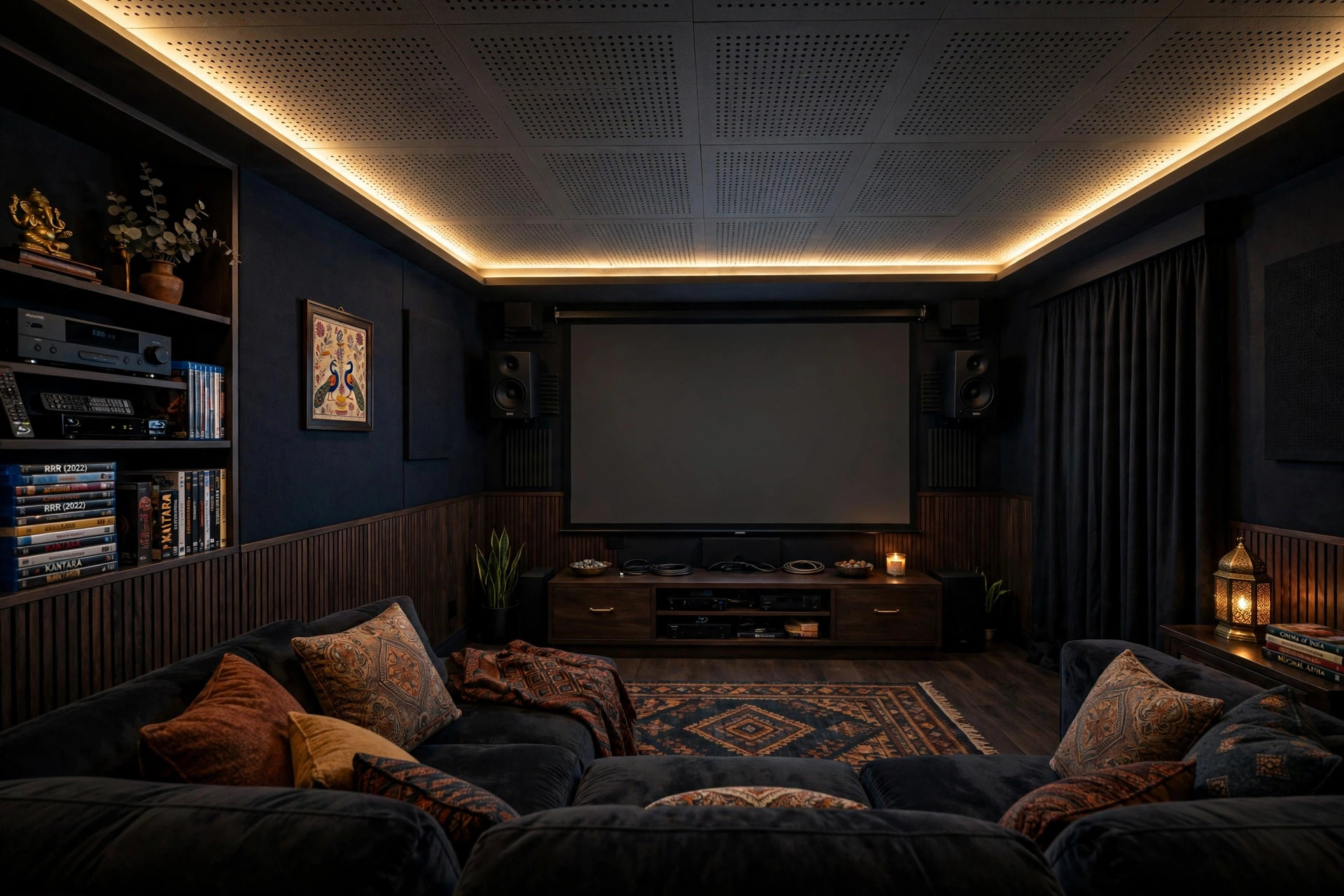Home theatre style hall with an acoustic gypsum ceiling