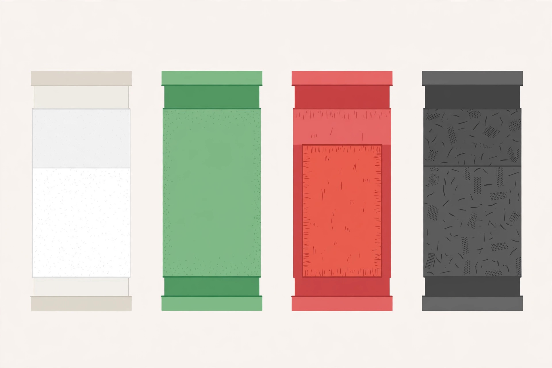 Illustration of gypsum board types: standard, moisture-resistant, fire-resistant and acoustic