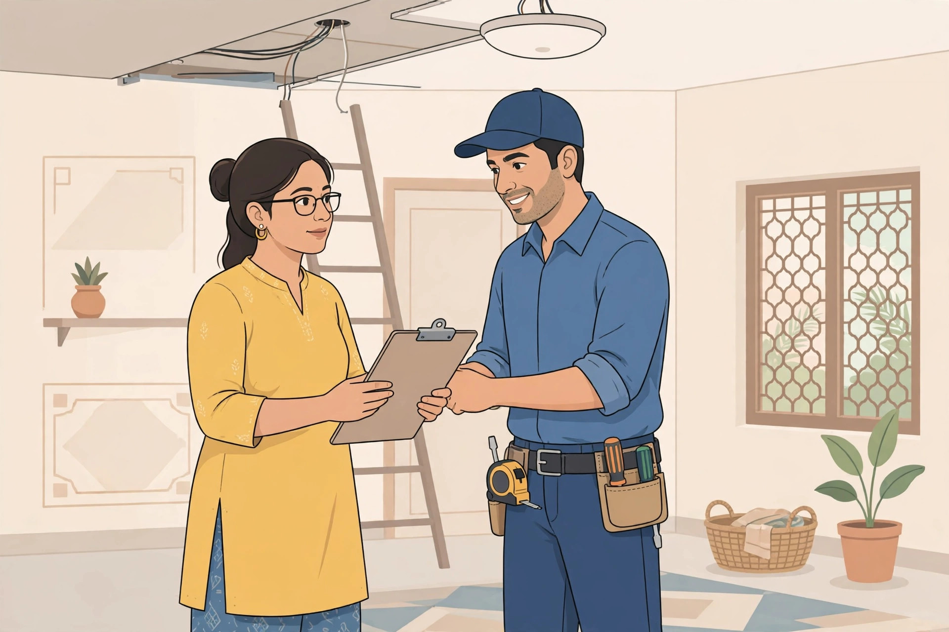 Illustration of a homeowner reviewing a ceiling installation checklist with a contractor