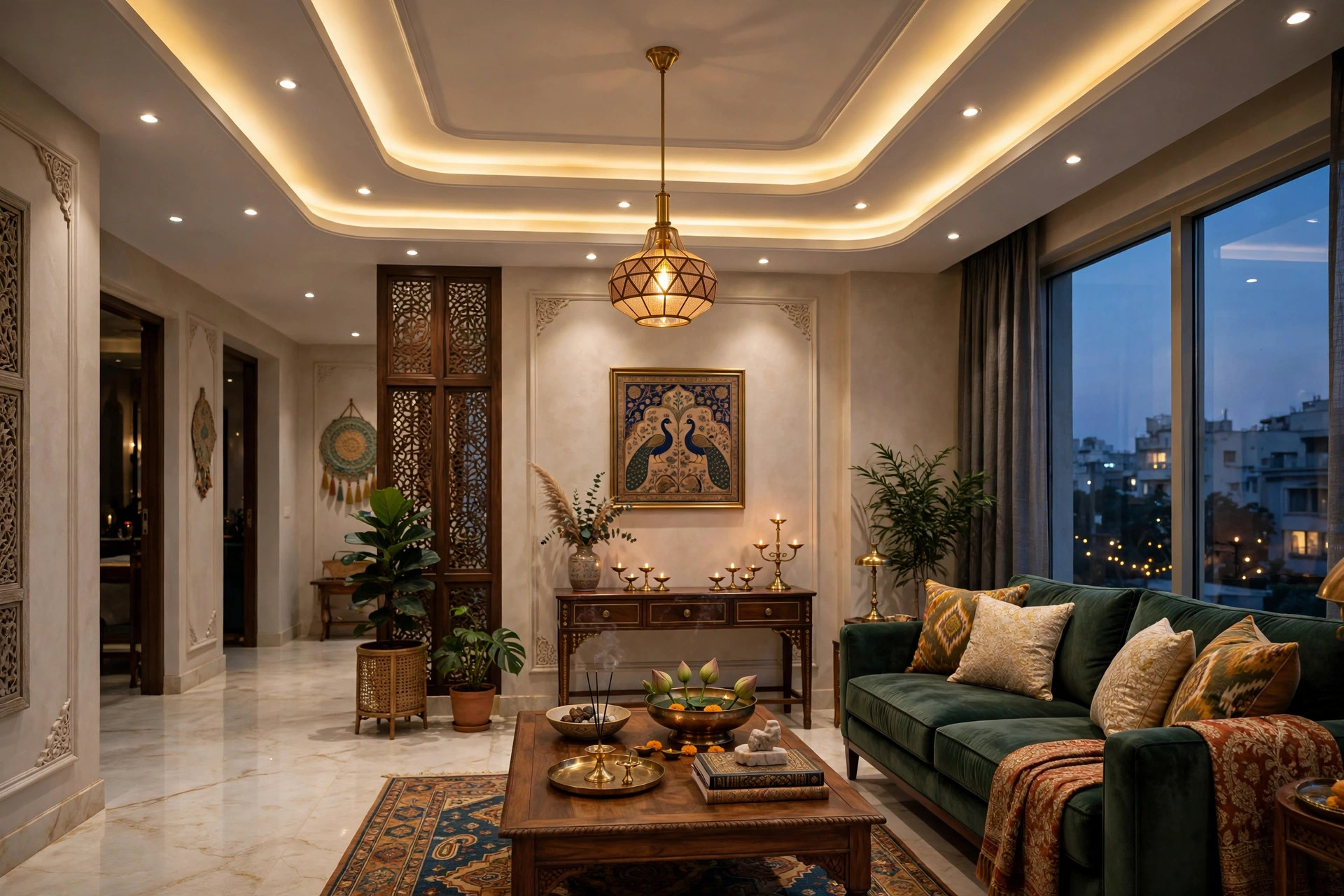 Hall with layered gypsum ceiling lighting: cove, downlights and pendant