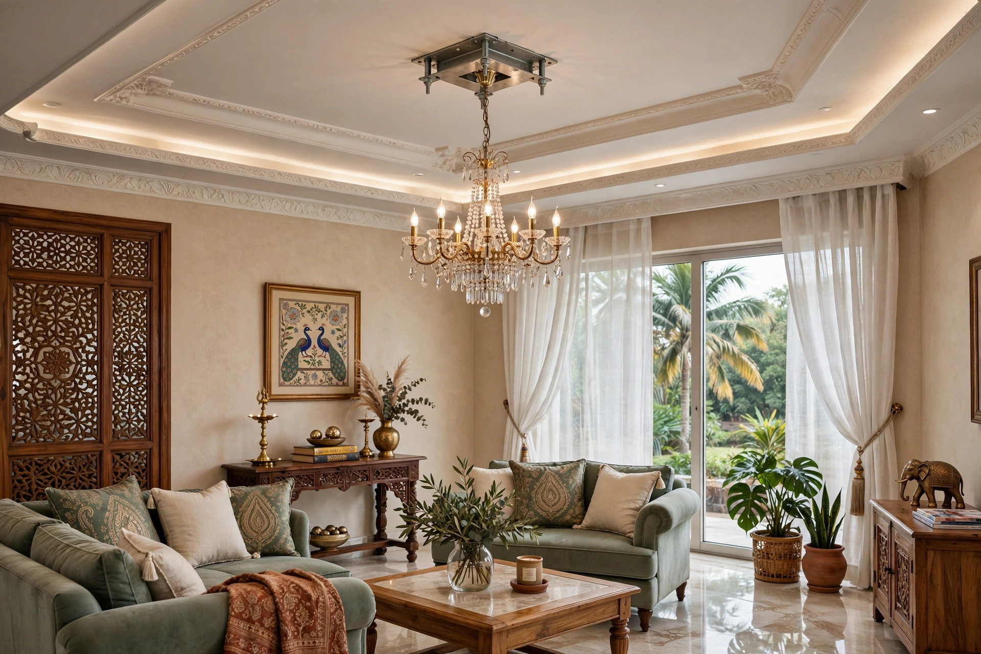 Hall with a gypsum ceiling and chandelier provision