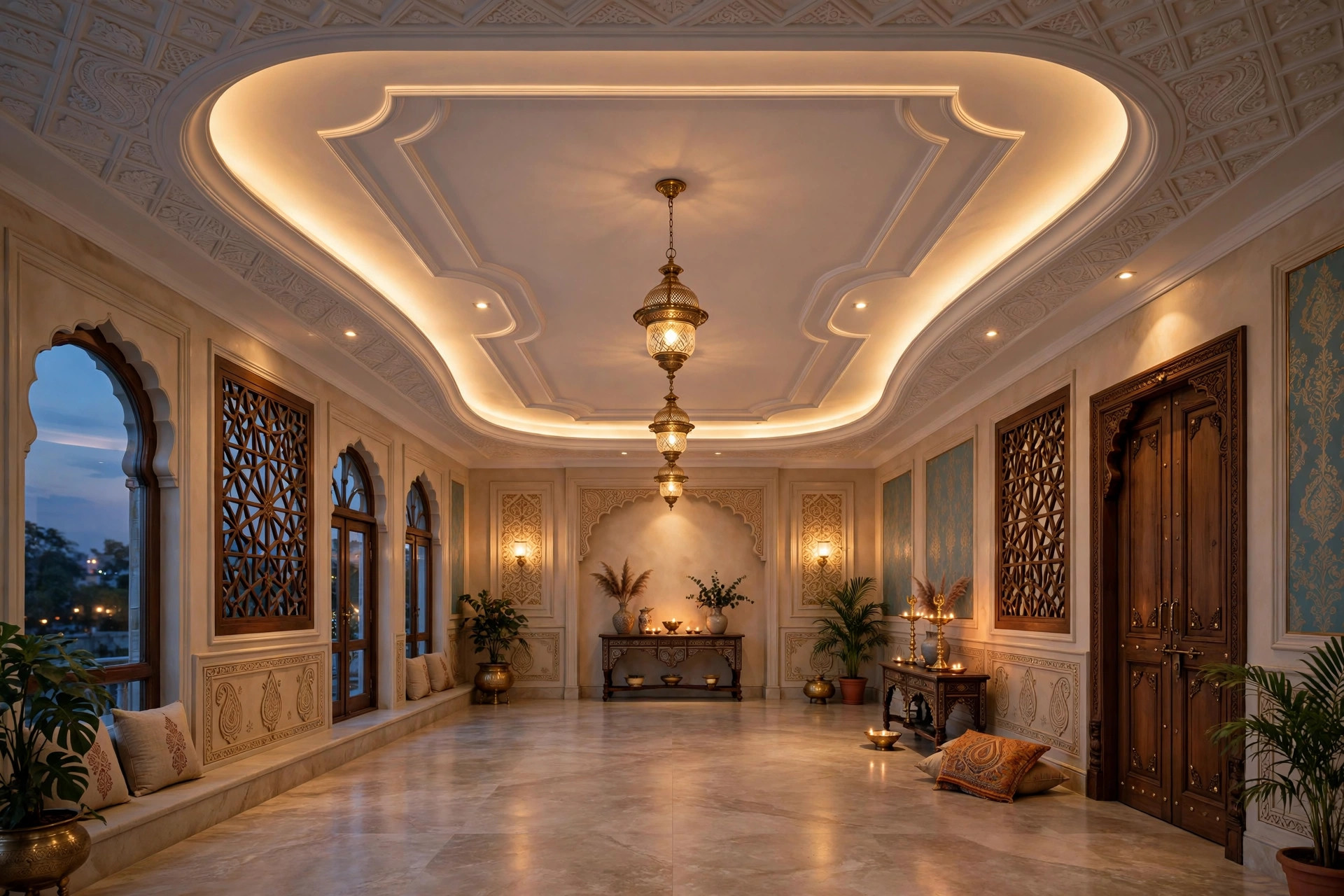 Finished hall with an elegant gypsum cove ceiling at dusk