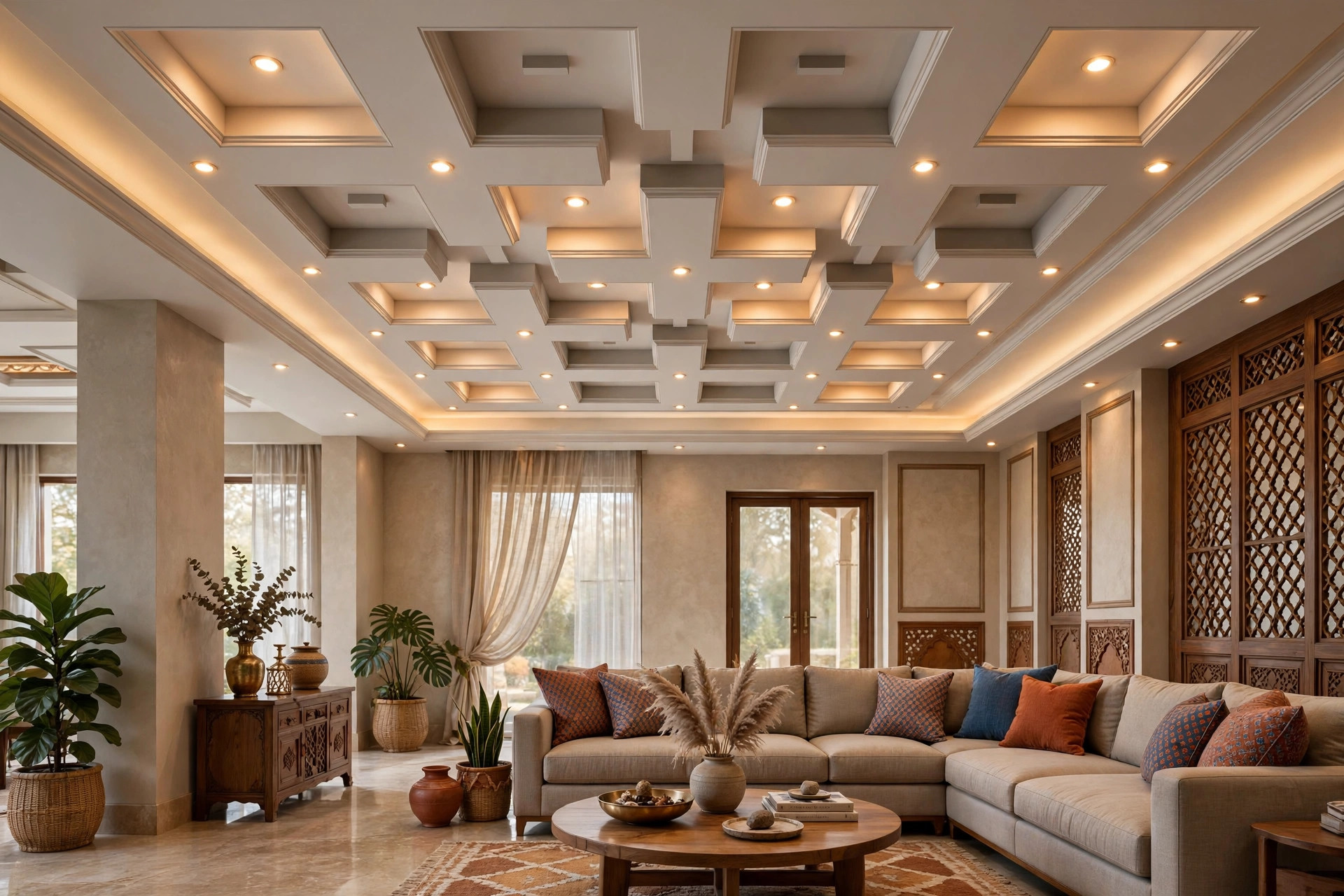 Hall with a plus-minus tray POP false ceiling