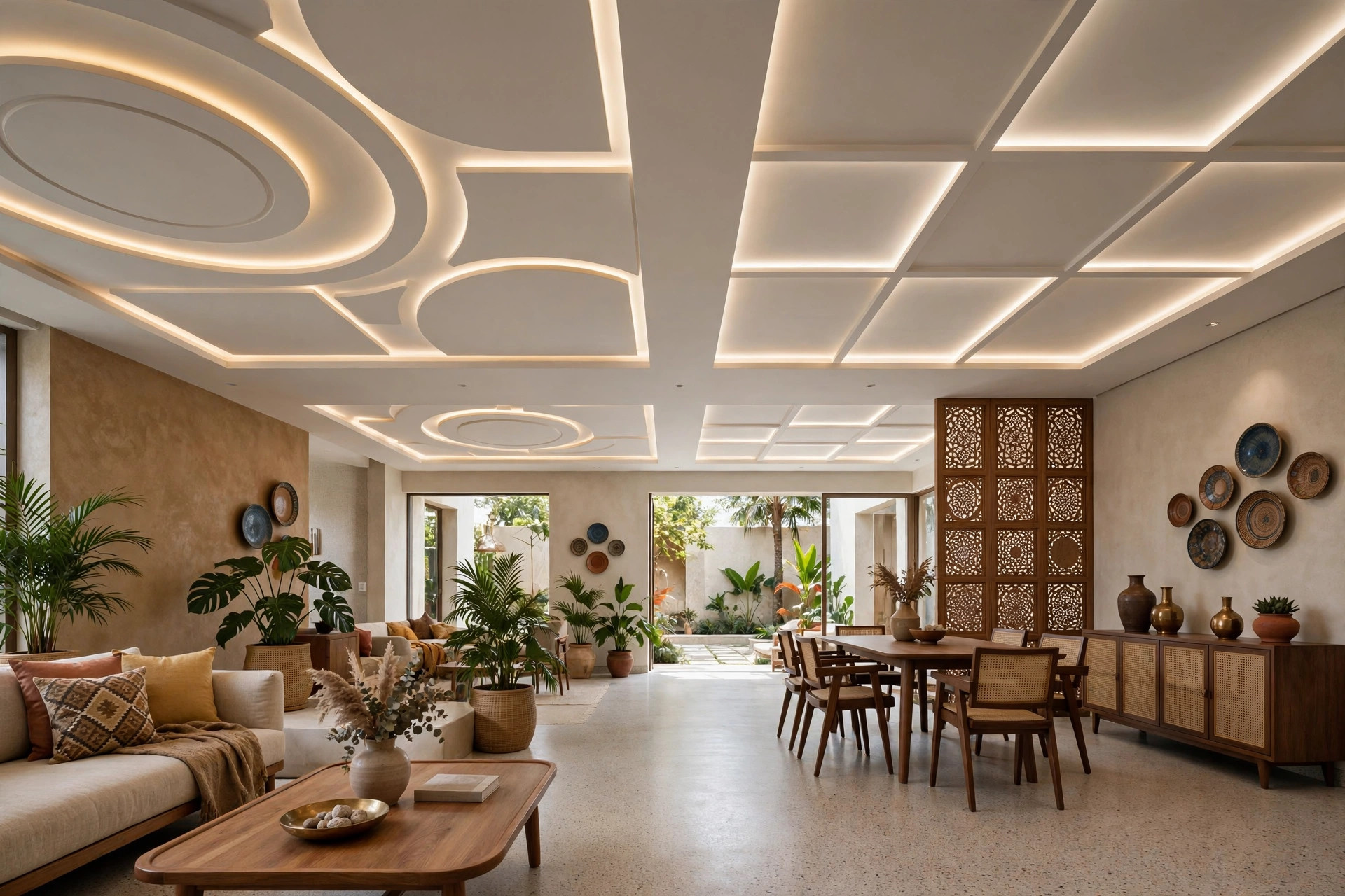Hall with geometric zoned POP ceiling panels