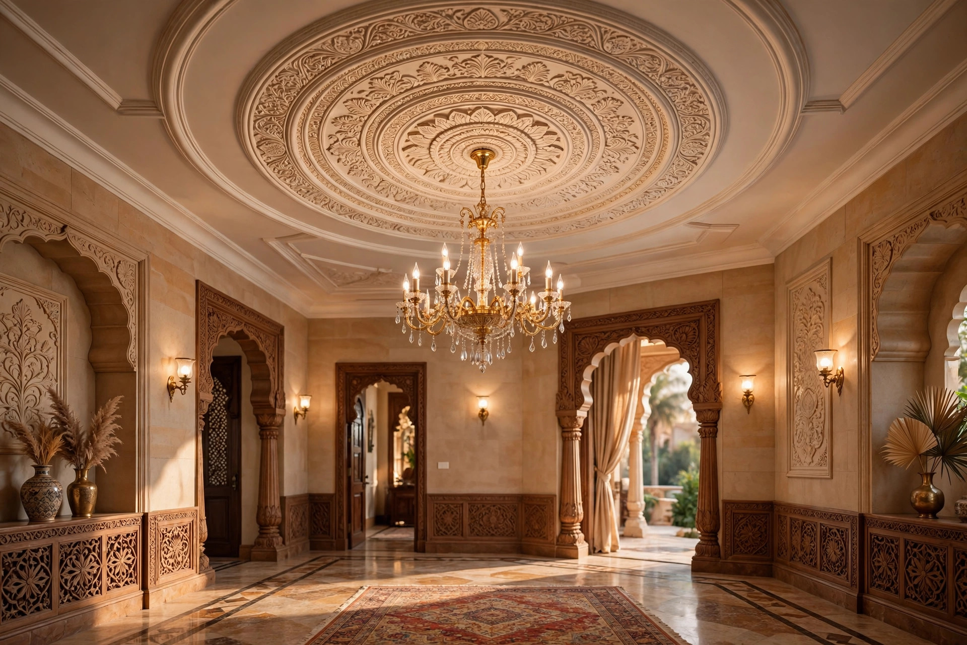 Hall with a circular POP medallion and chandelier