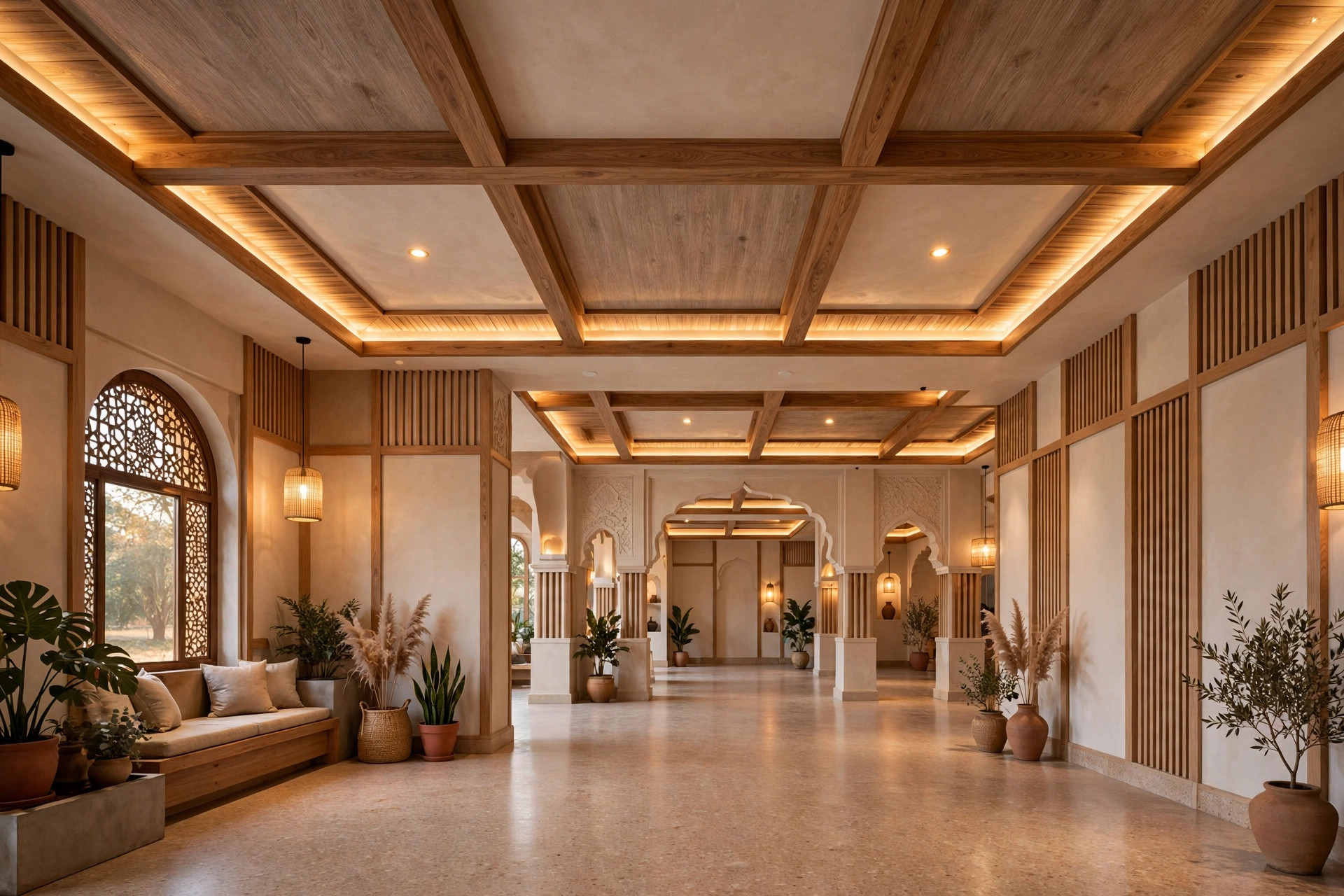 Hall with wood-textured POP ceiling and warm lighting
