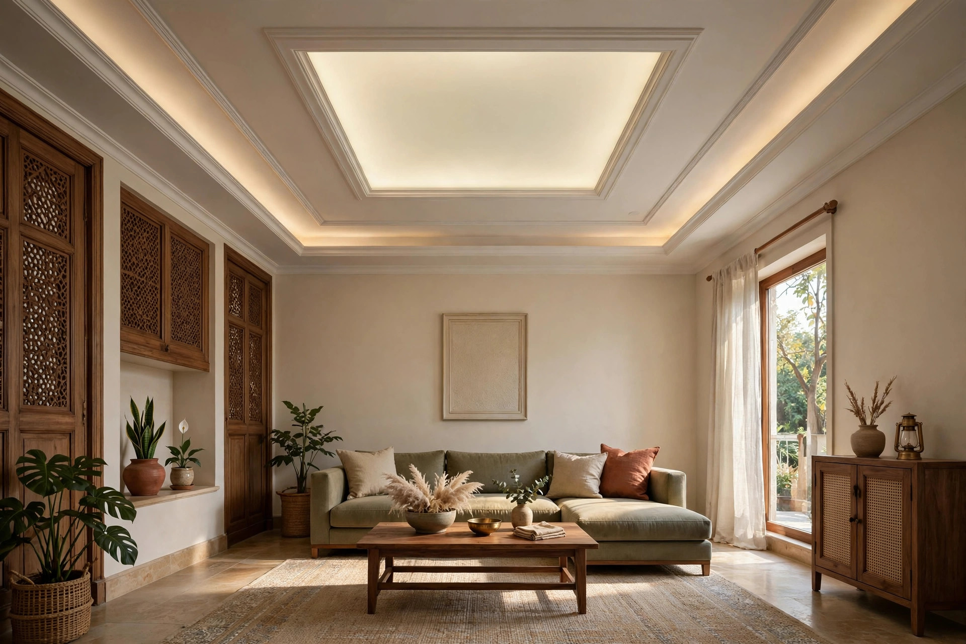 Hall with a backlit insert panel set into a POP ceiling