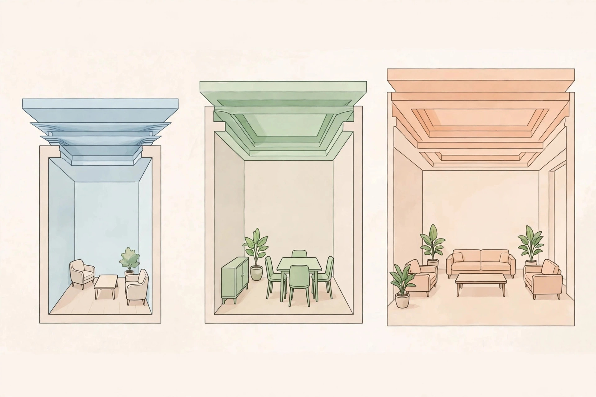 Illustration showing POP ceiling planning matched to hall sizes
