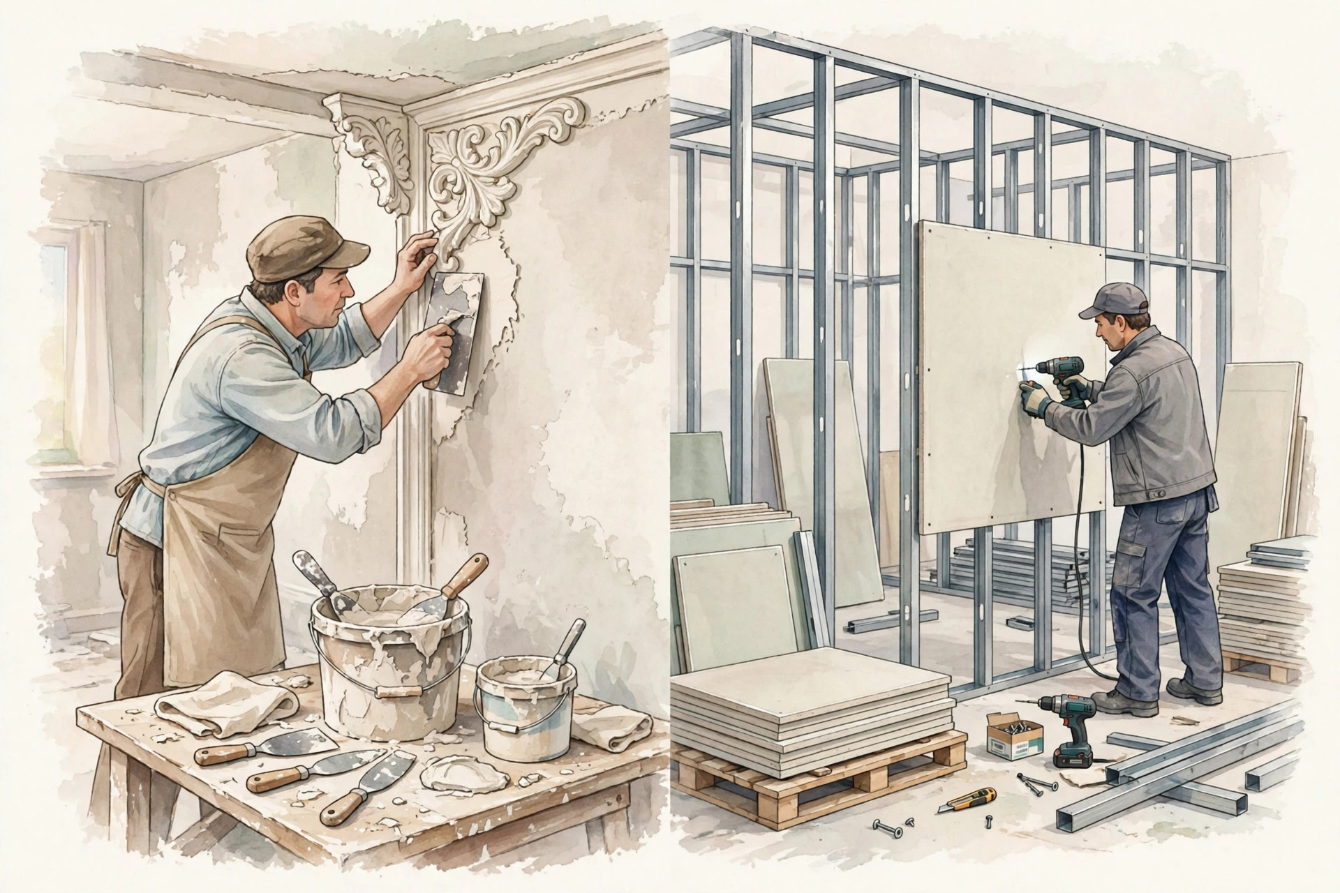 Illustration comparing POP on-site moulding with gypsum board installation