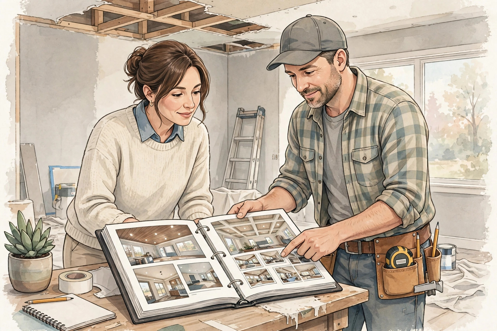 Illustration of a homeowner reviewing a contractor's past ceiling work
