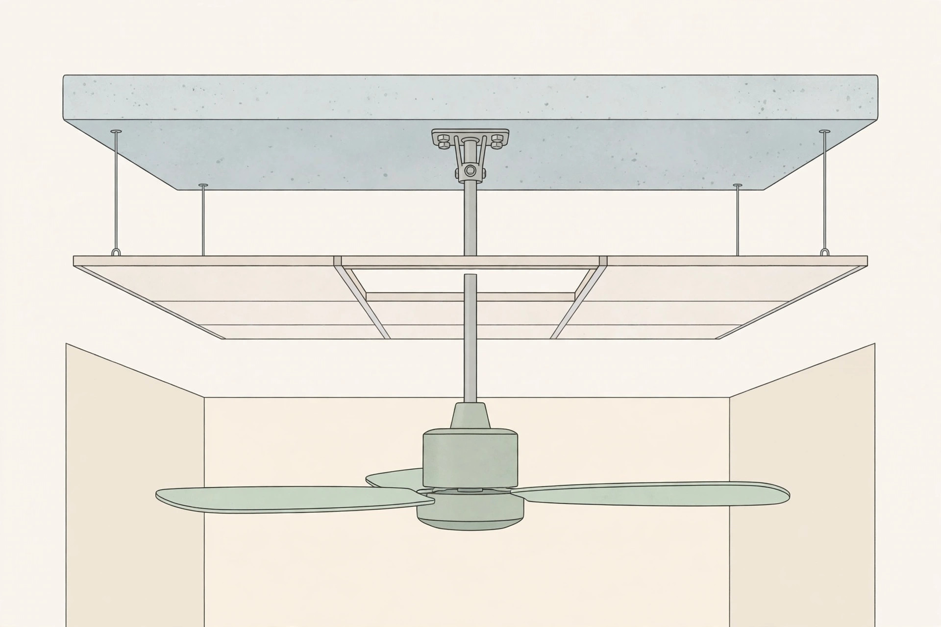 Diagram showing ceiling fan clearance below a false ceiling panel