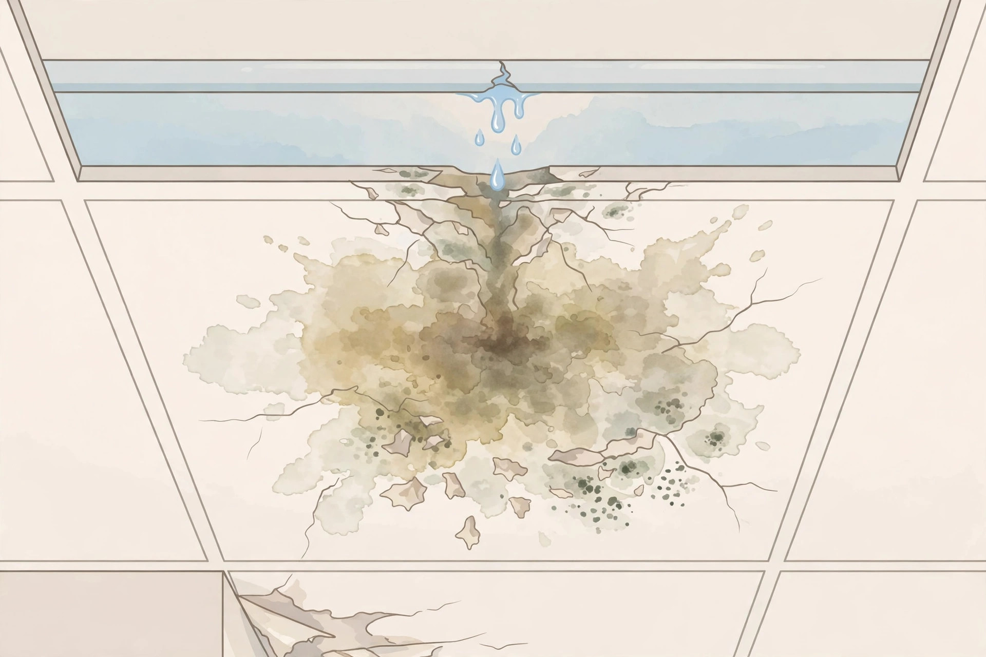 Illustration of moisture damage staining a POP ceiling