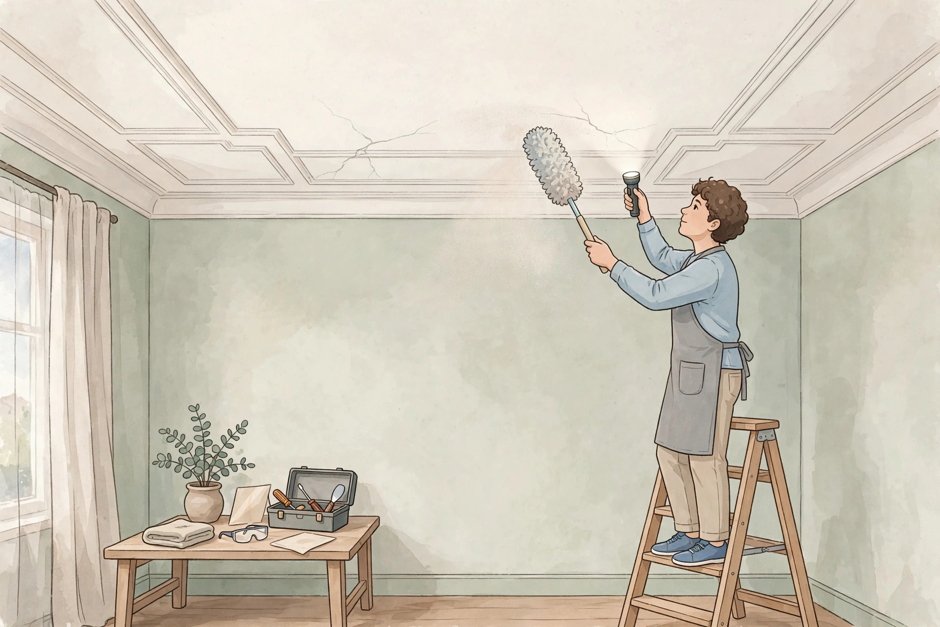 Illustration of maintaining a POP hall ceiling: dusting and crack checks