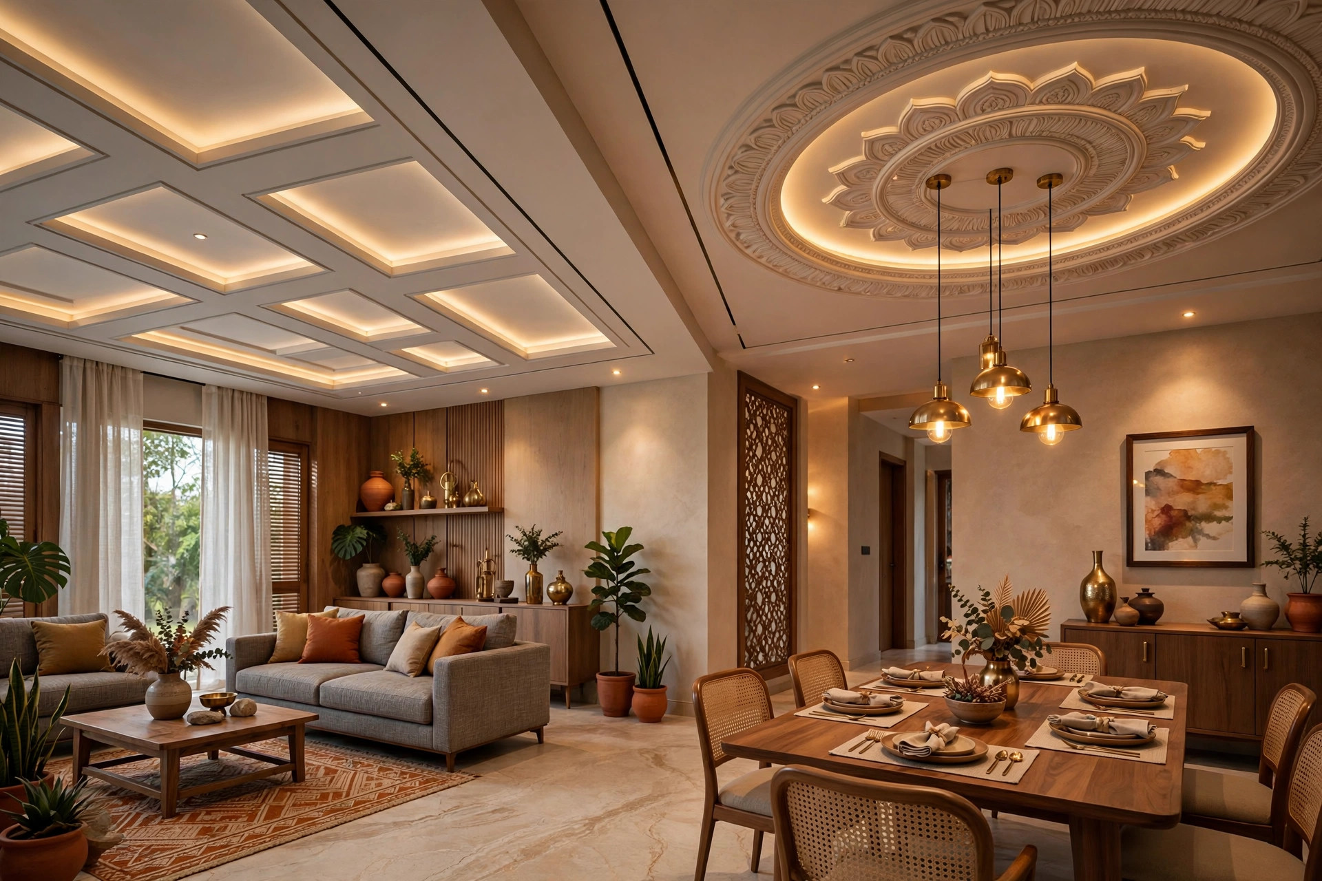 Open-plan hall and dining area with a zoned POP ceiling