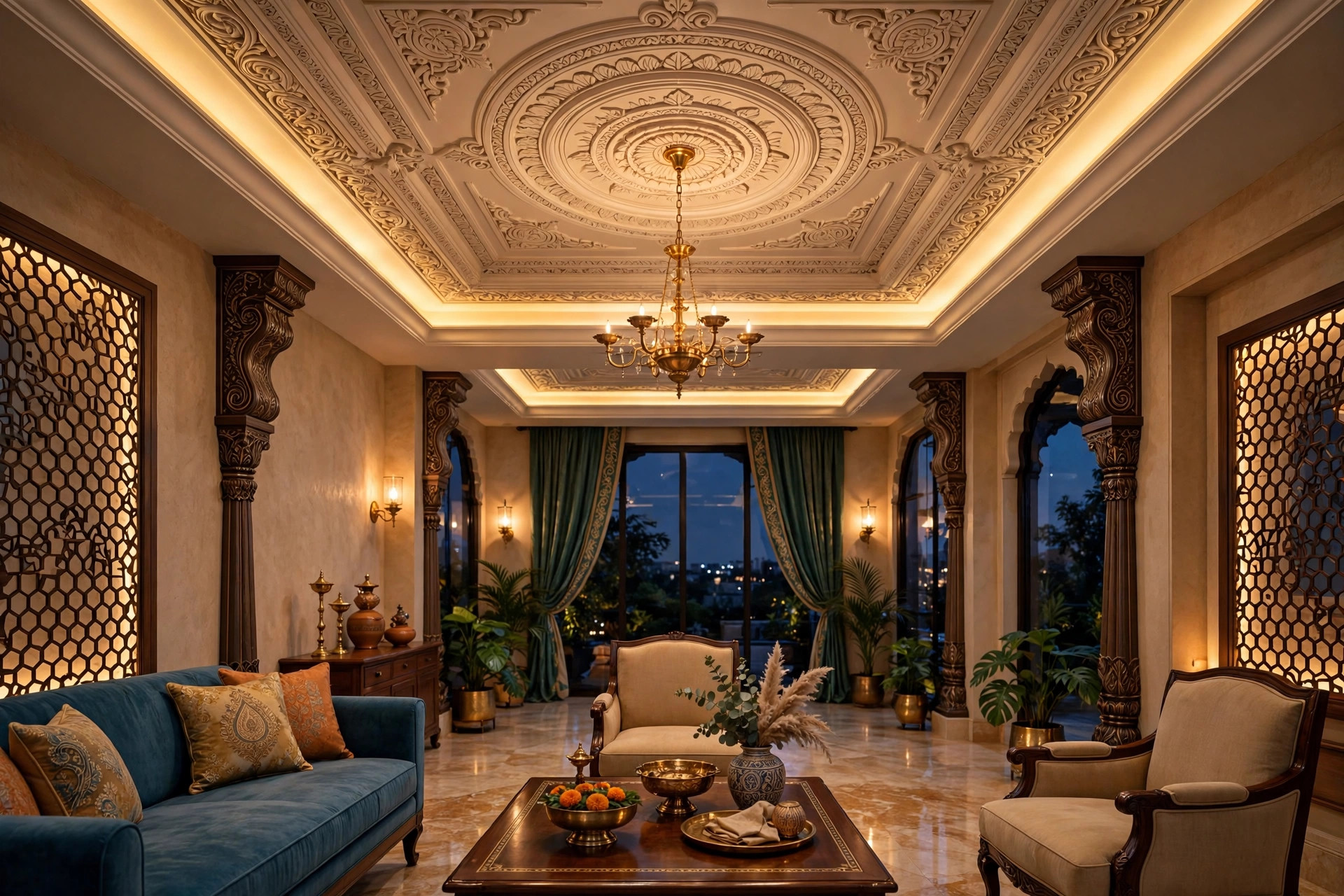 Finished Indian hall with a POP false ceiling in the evening