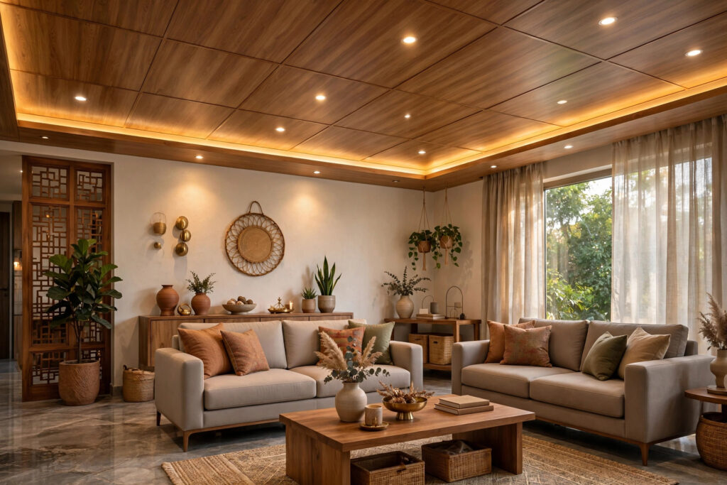 Indian hall with a warm wood-finish PVC false ceiling and recessed downlights