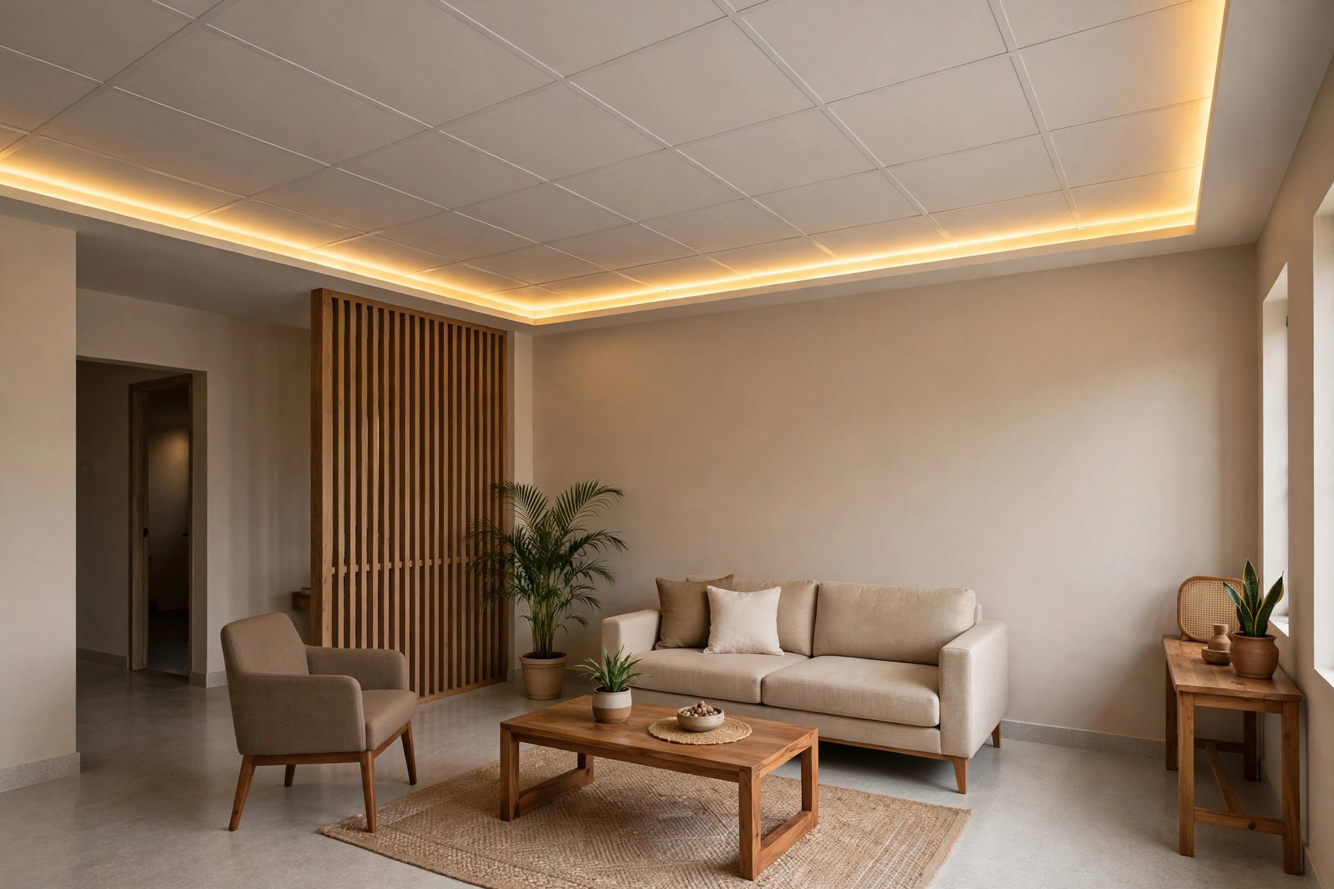 Hall with a plain white PVC panel ceiling and a single cove light border