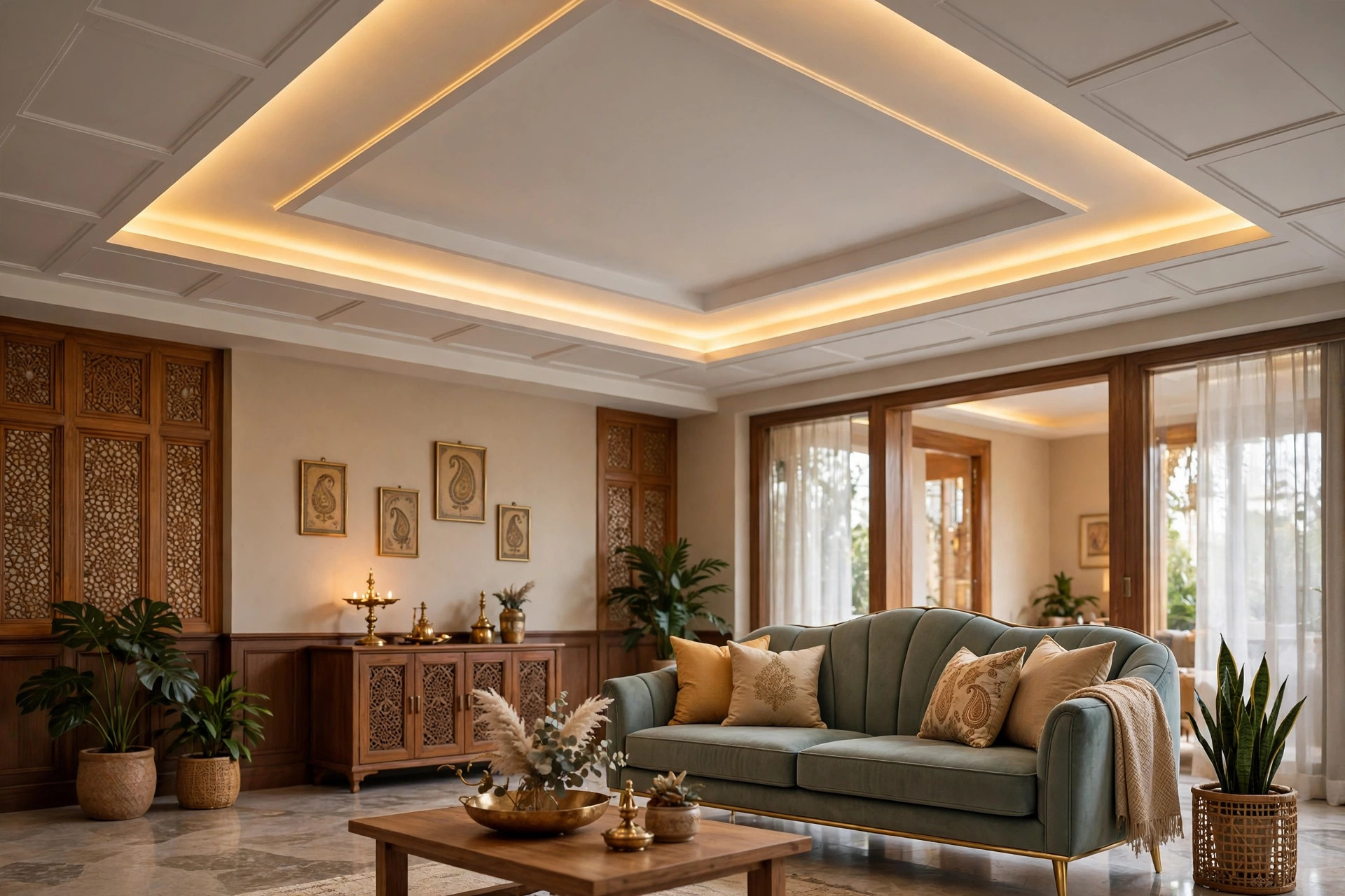 Hall with a PVC tray ceiling and warm LED cove lighting around the border