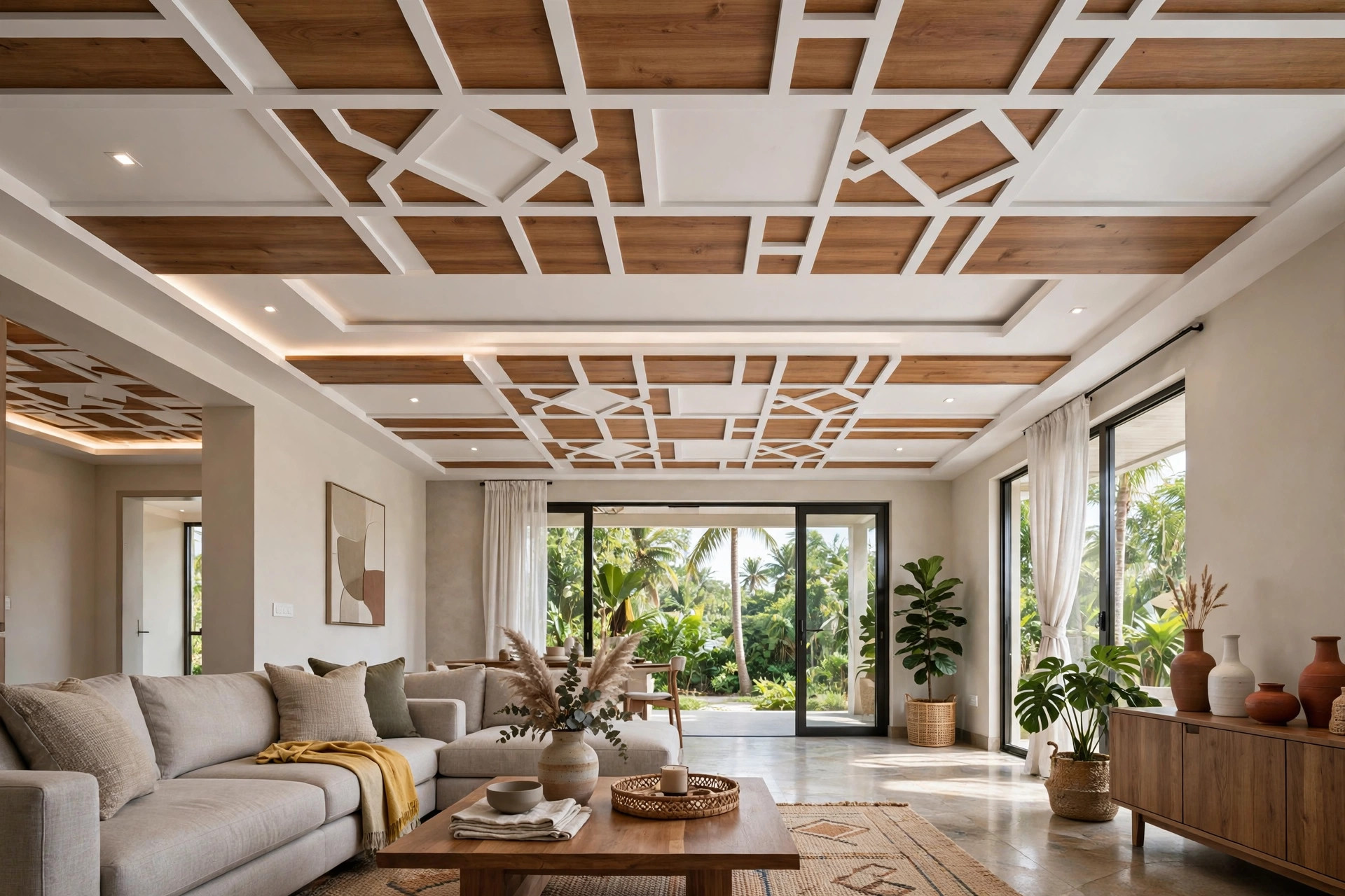 Hall ceiling with geometric PVC panel layout in two tones