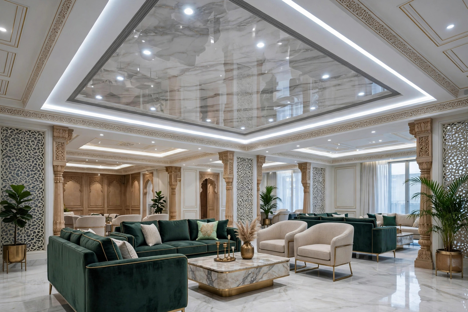Hall with a glossy marble-finish PVC feature ceiling panel above the seating area