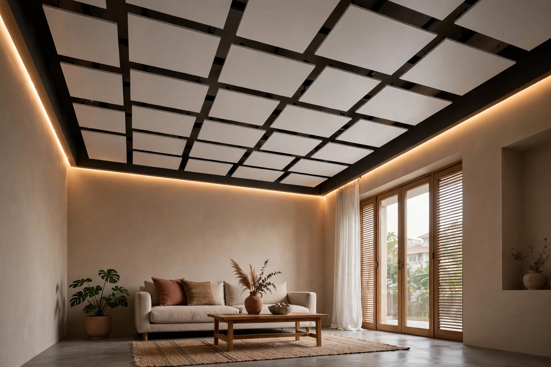 Hall ceiling with a floating PVC panel field and a shadow gap with concealed LED strip