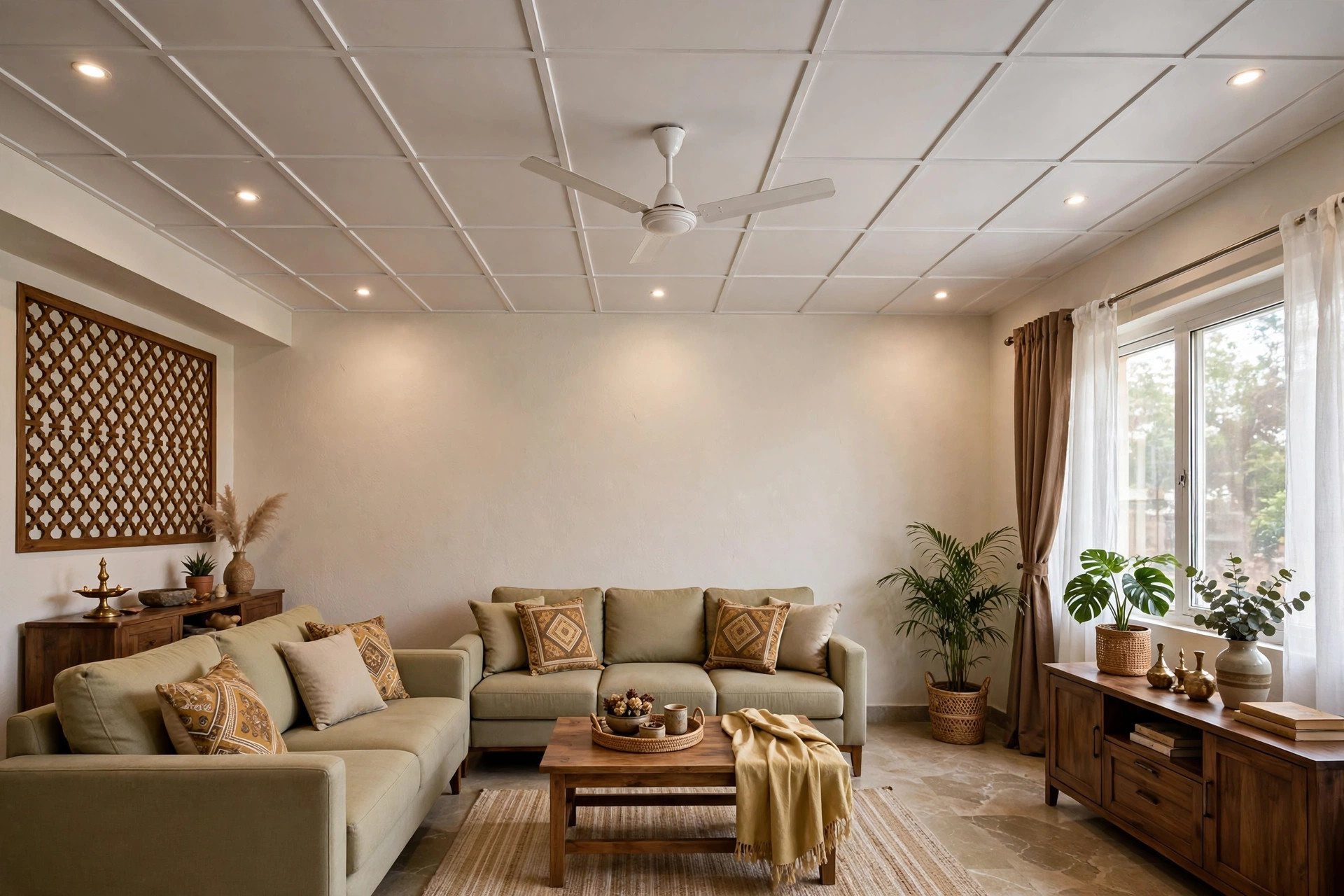 Hall with a PVC panel ceiling, a ceiling fan mounted on the centre panel, and recessed downlights