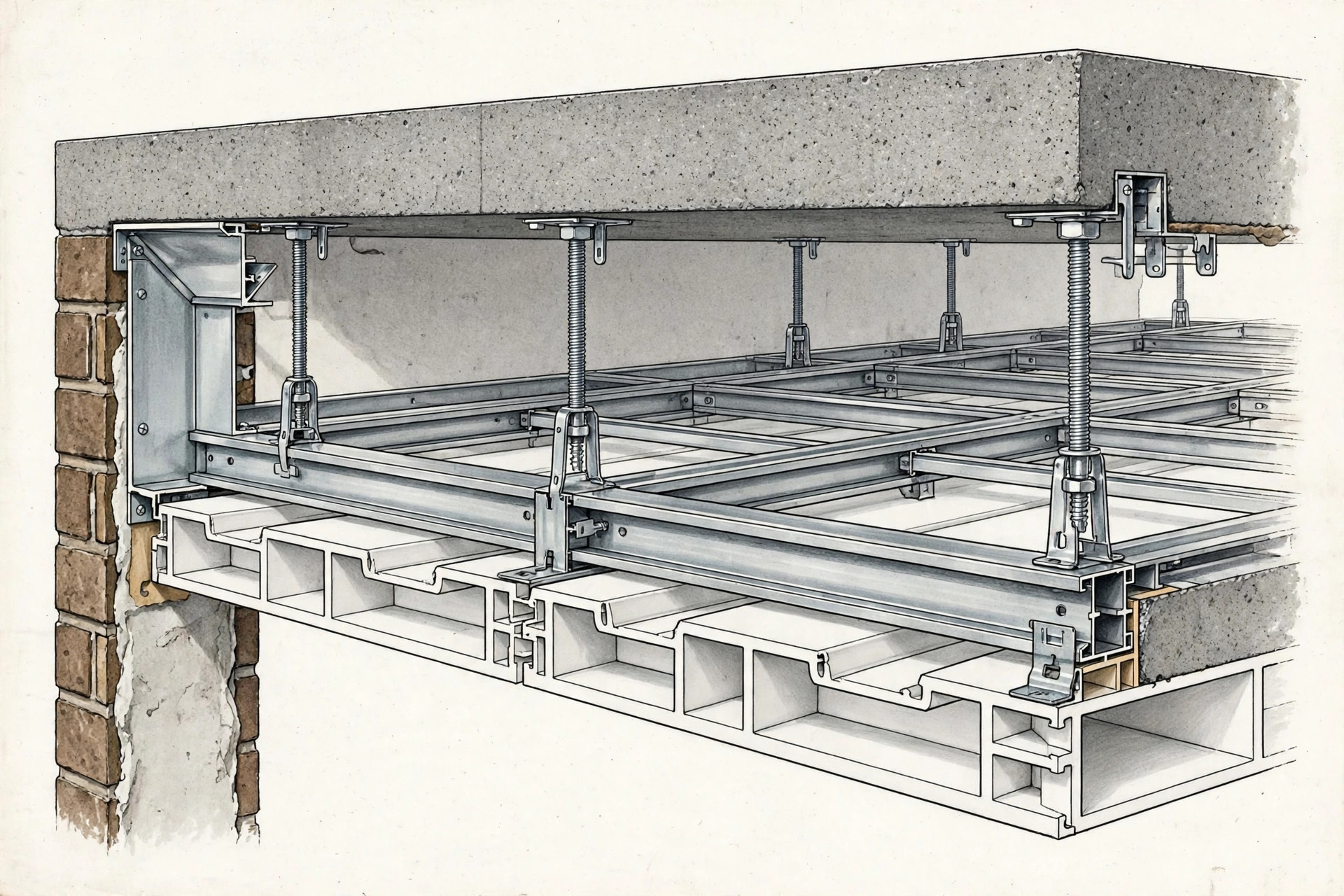 Illustration showing PVC ceiling framework: wall angles, GI channels, hangers and interlocking panels