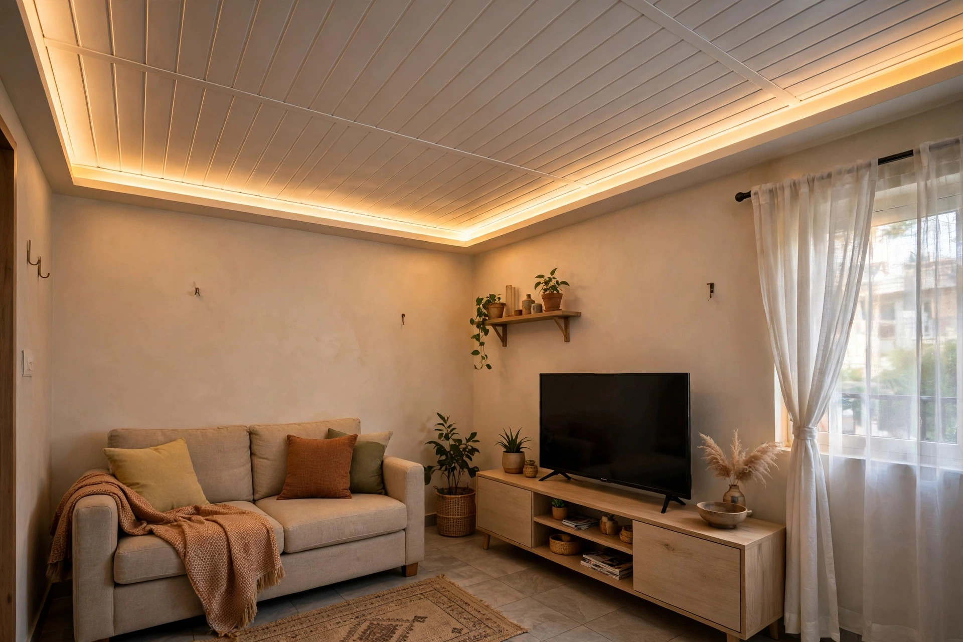 Compact Indian hall with a light-coloured PVC panel ceiling and warm cove lighting