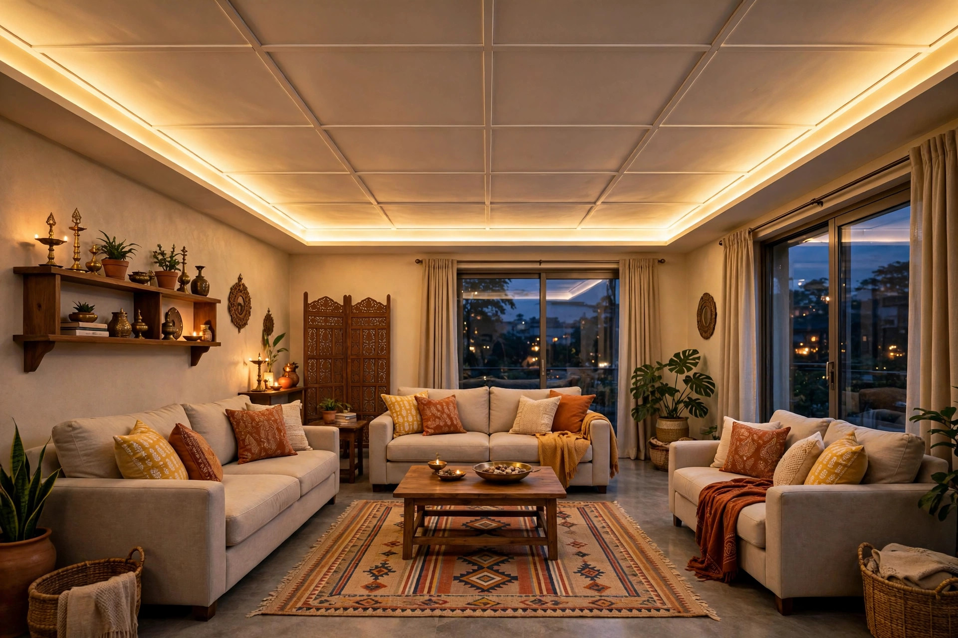 Indian family hall in the evening with a PVC panel ceiling glowing under warm cove light