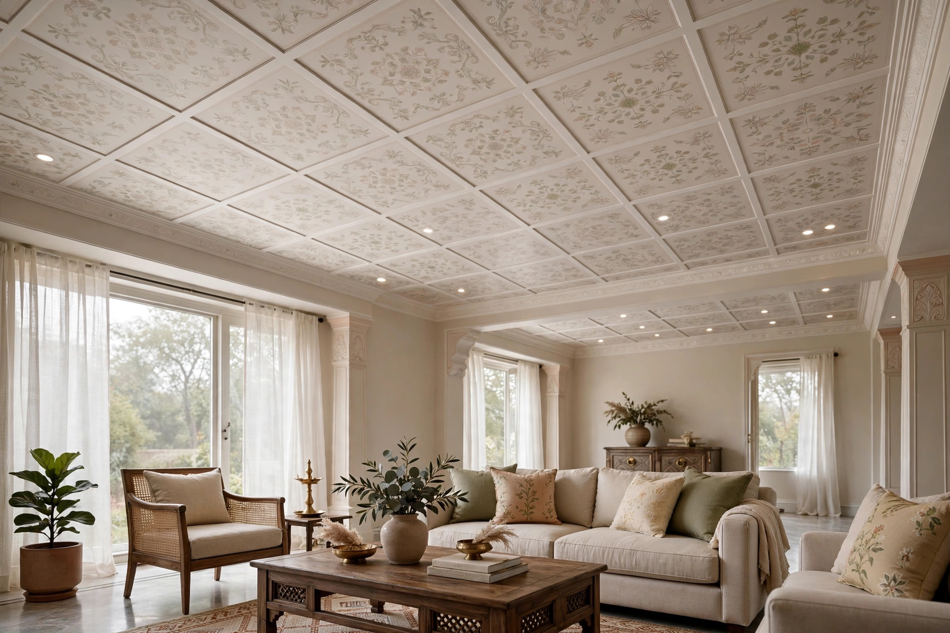 Hall ceiling with printed matte PVC panels in a subtle pattern
