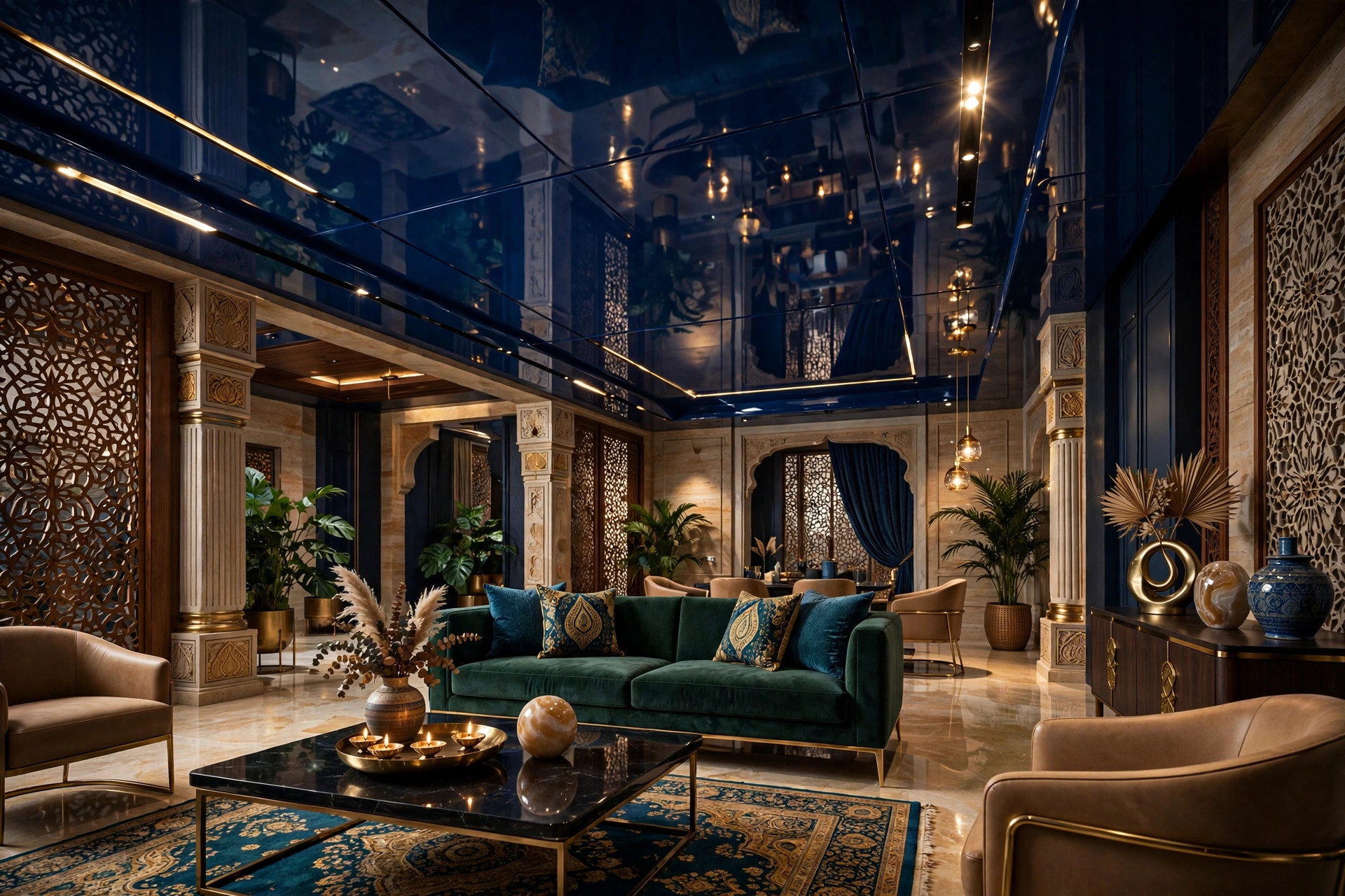 Hall with a glossy deep-blue designer PVC ceiling reflecting the room light