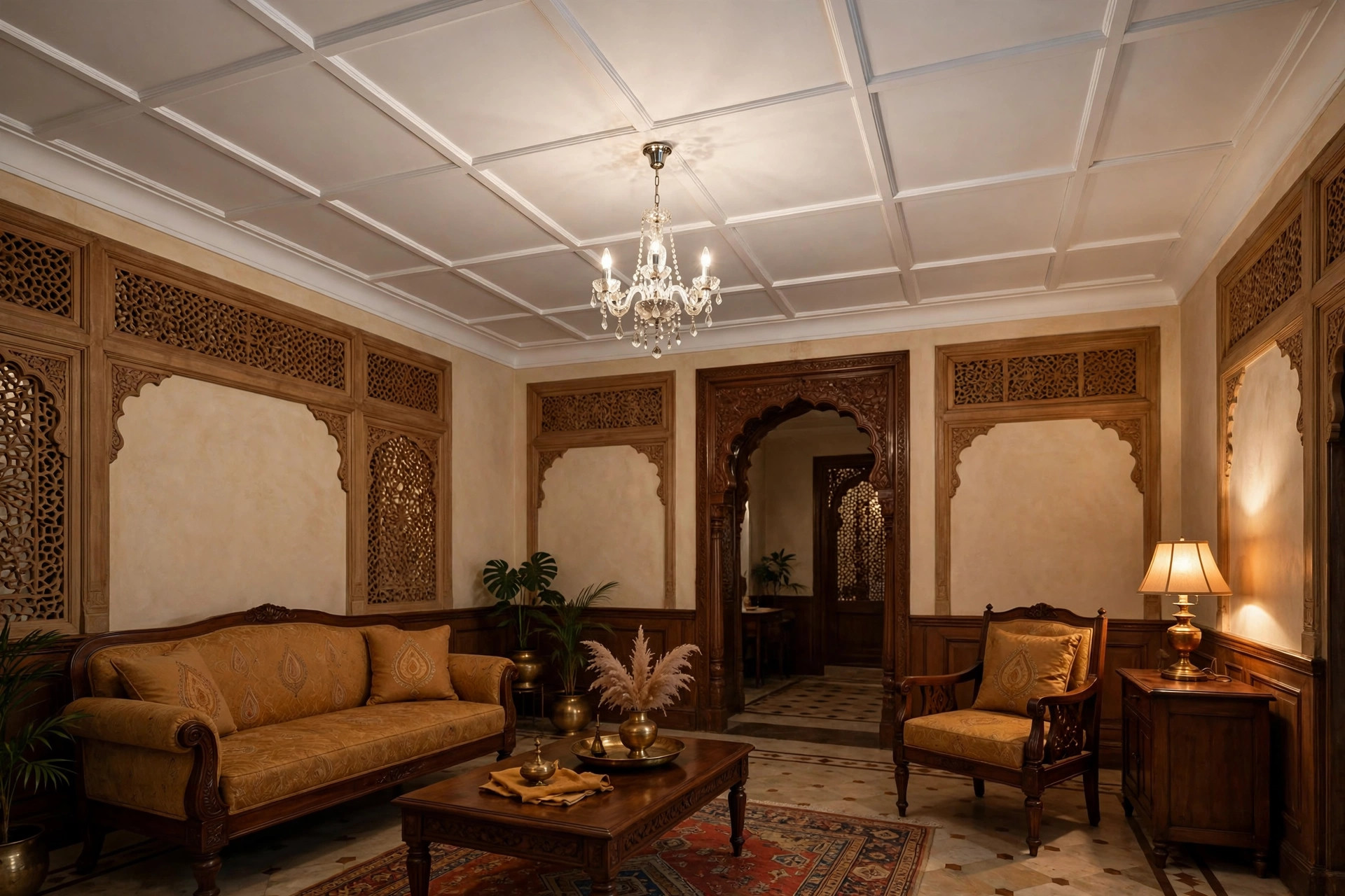 Hall with a PVC panel ceiling and a small chandelier mounted at the centre