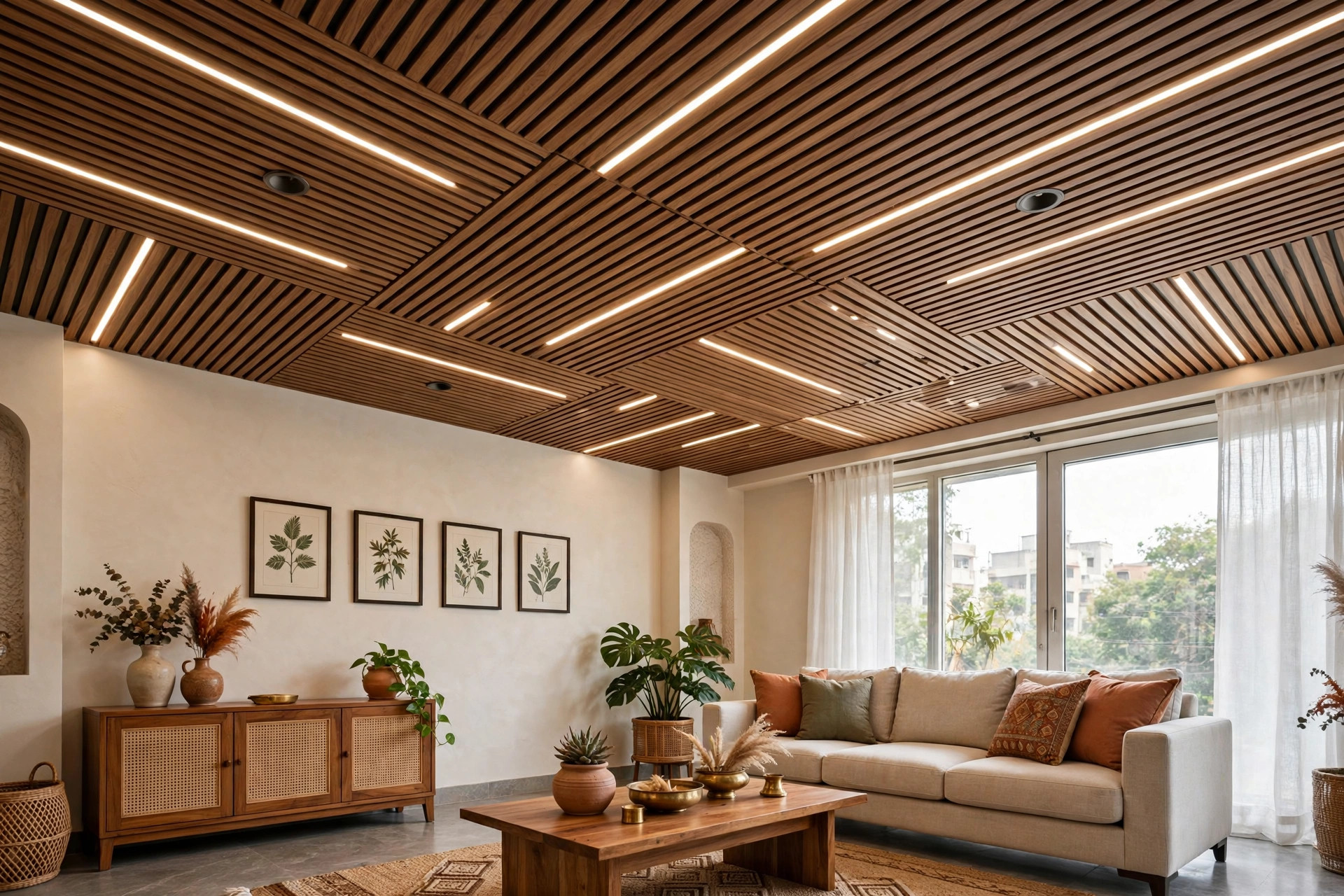 Hall with PVC panels in a wood slat-effect layout with linear LED strips