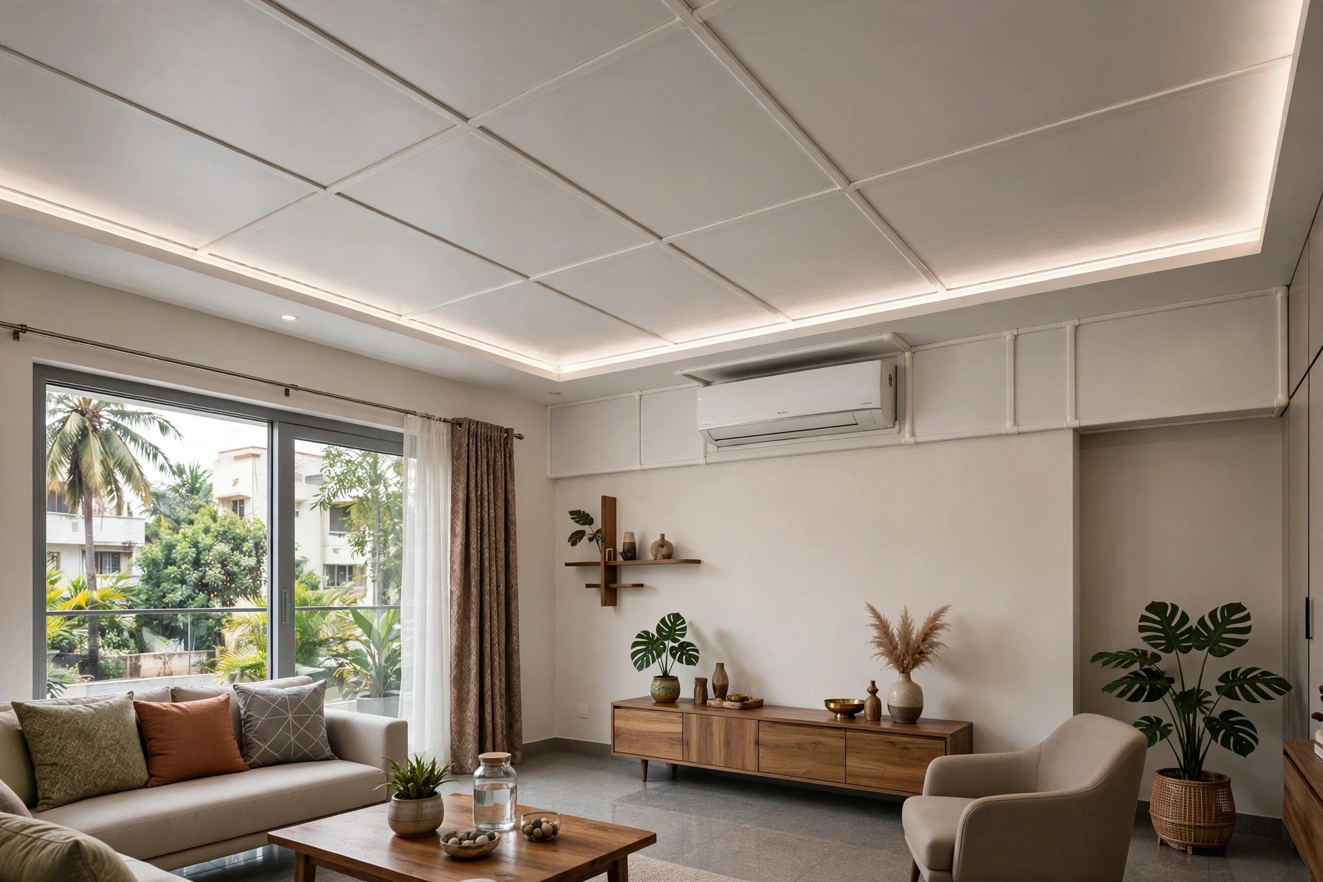 Hall with a PVC panel ceiling fitted around a split air-conditioner indoor unit