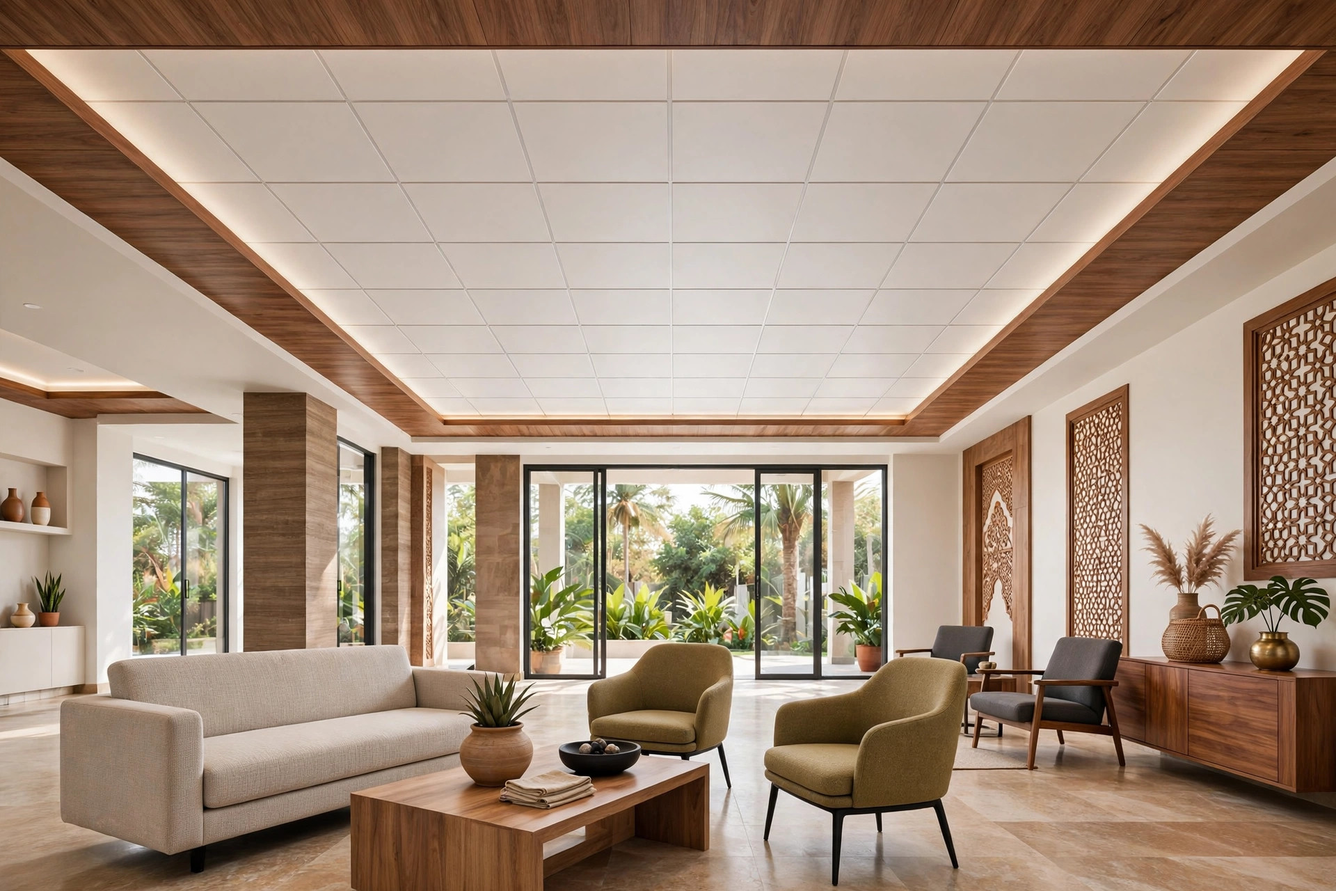 Hall with a two-tone PVC ceiling: white field with a wood-finish border frame
