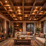 Indian hall with a wooden coffered false ceiling and warm recessed lighting