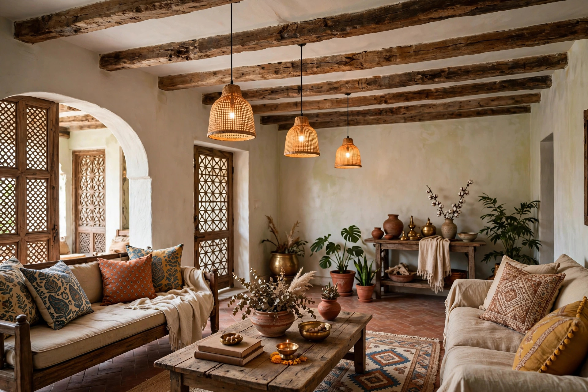 Hall with exposed rustic wooden beams across a light ceiling