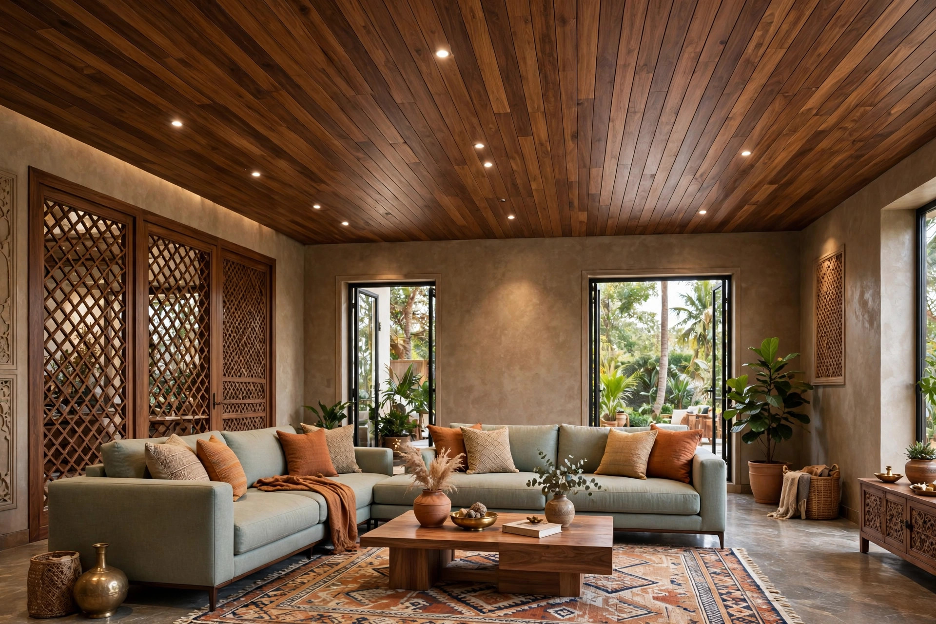 Hall with a linear wooden plank ceiling in a warm stain with recessed downlights