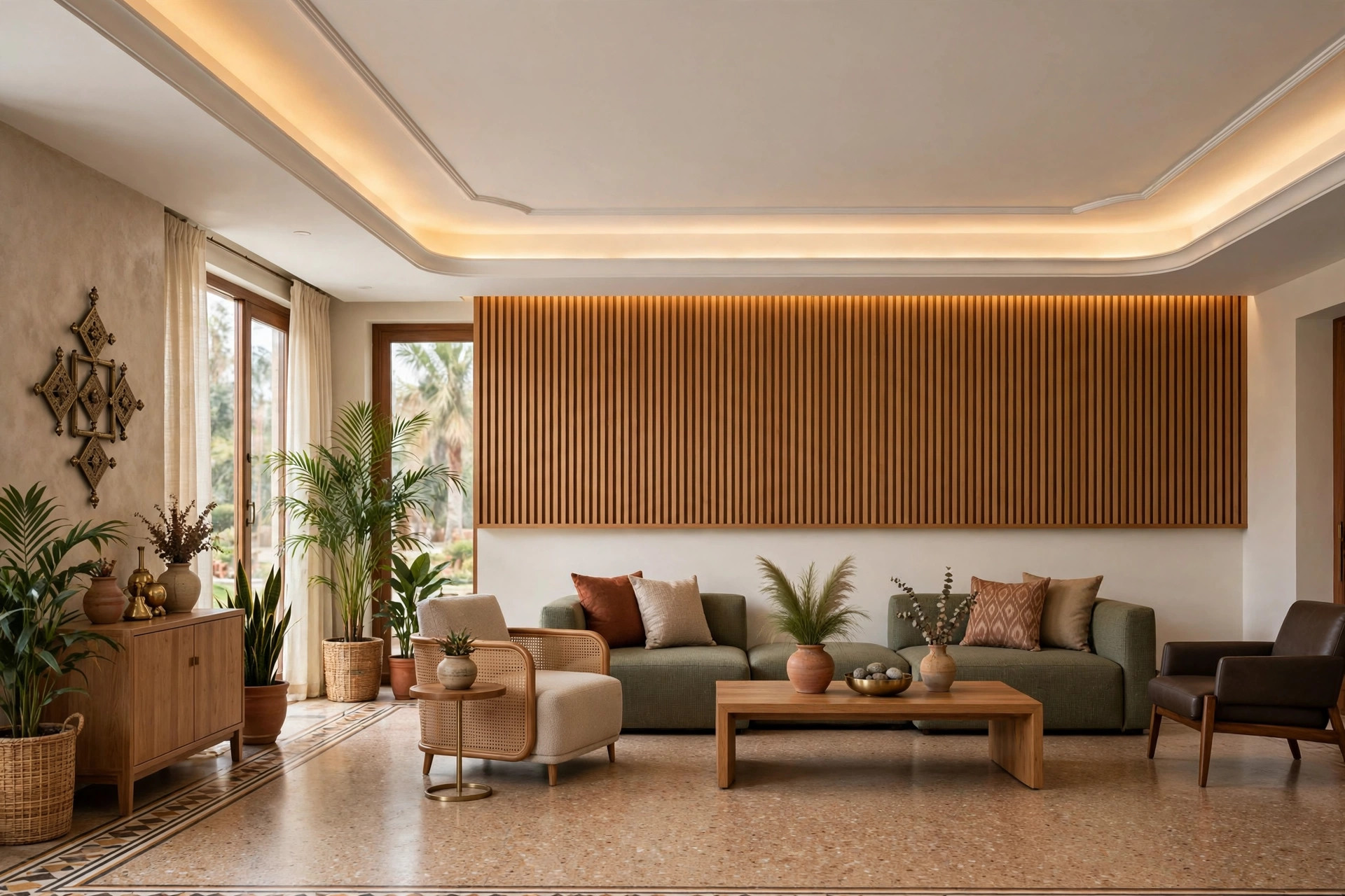 Hall with a white POP ceiling and warm wood-finish slat accent panels above the seating area