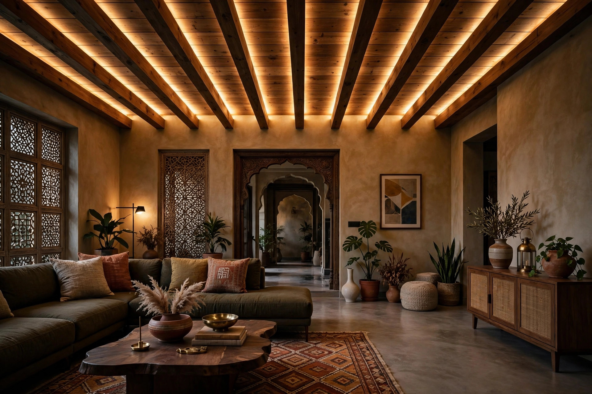Hall with wooden batten ceiling and warm cove lighting glowing between the battens