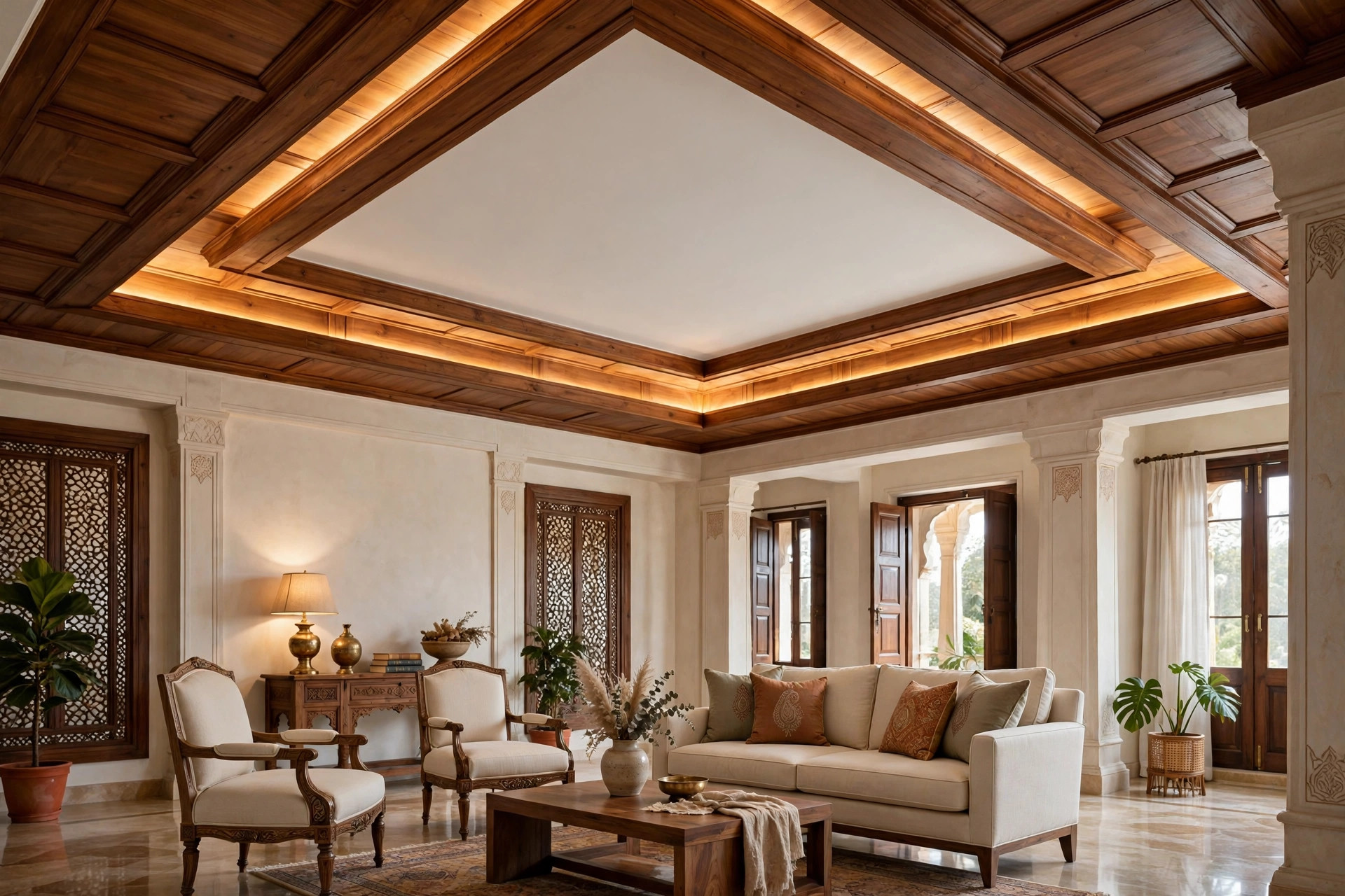 Hall with a wooden tray ceiling: recessed centre with a raised wood border and cove lighting